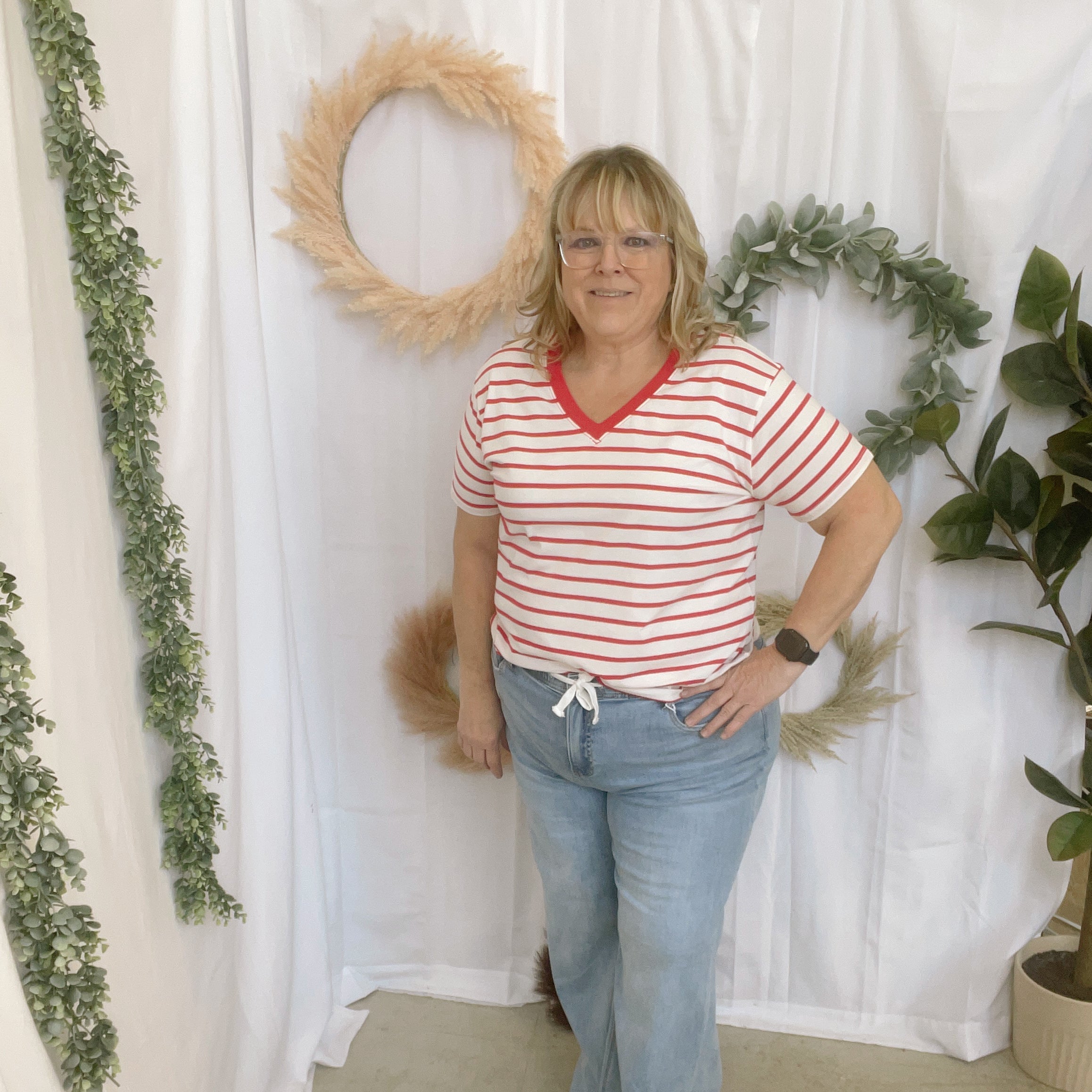 Izzy Striped V Neck Top-Red-Short Sleeve Tops-Zenana-The Silo Boutique, Women's Fashion Boutique Located in Warren and Grand Forks North Dakota