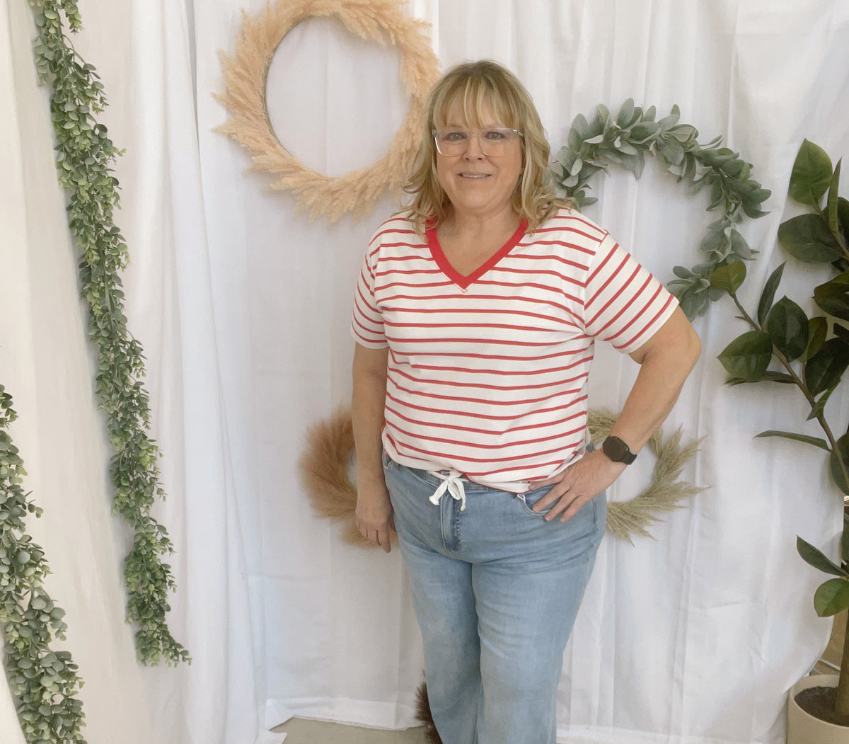 Izzy Striped V Neck Top-Red-Short Sleeve Tops-Zenana-The Silo Boutique, Women's Fashion Boutique Located in Warren and Grand Forks North Dakota