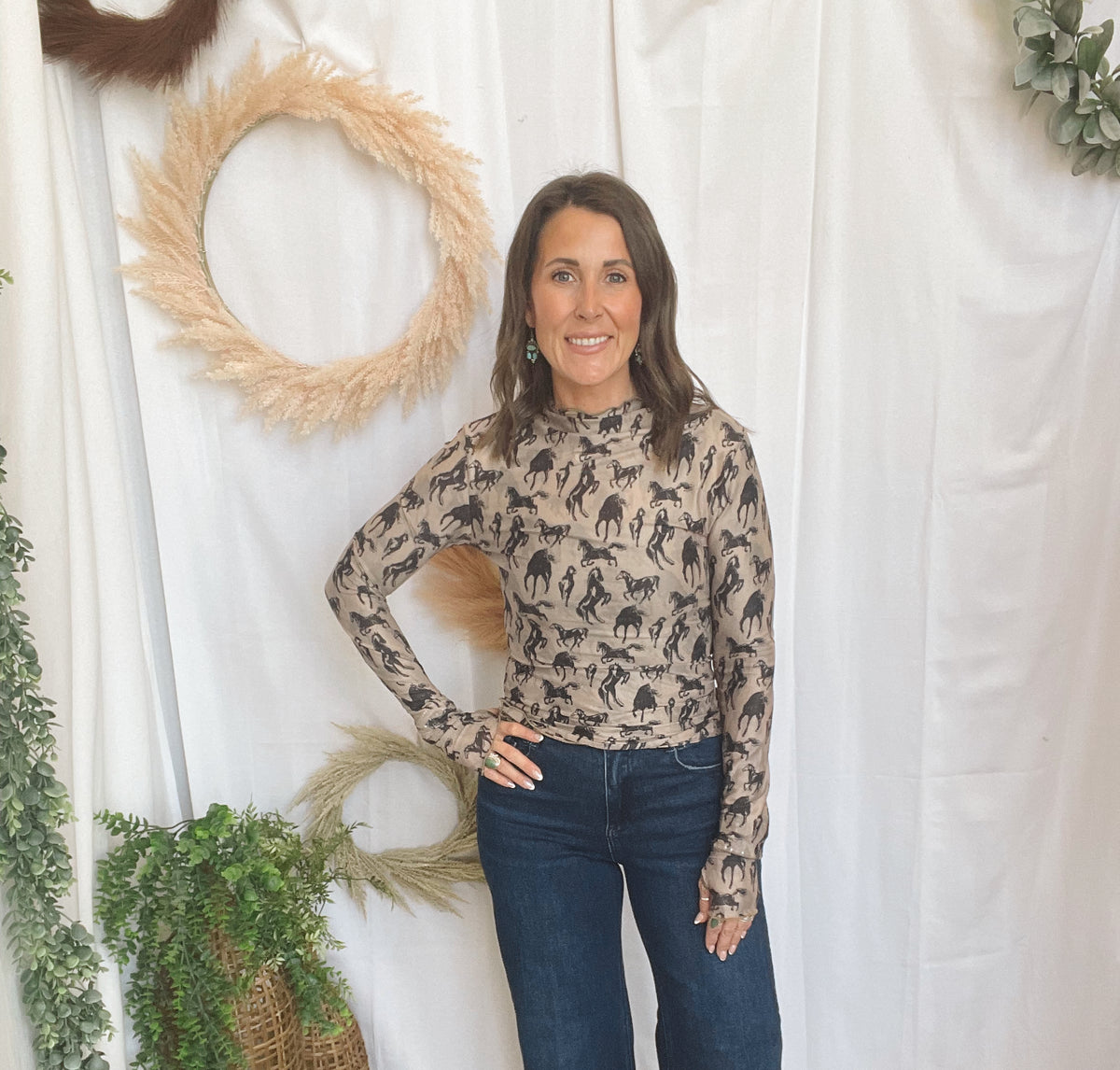 Horse Mesh Long Sleeve Top-Taupe-Long Sleeve Tops-eesome-The Silo Boutique, Women's Fashion Boutique Located in Warren and Grand Forks North Dakota