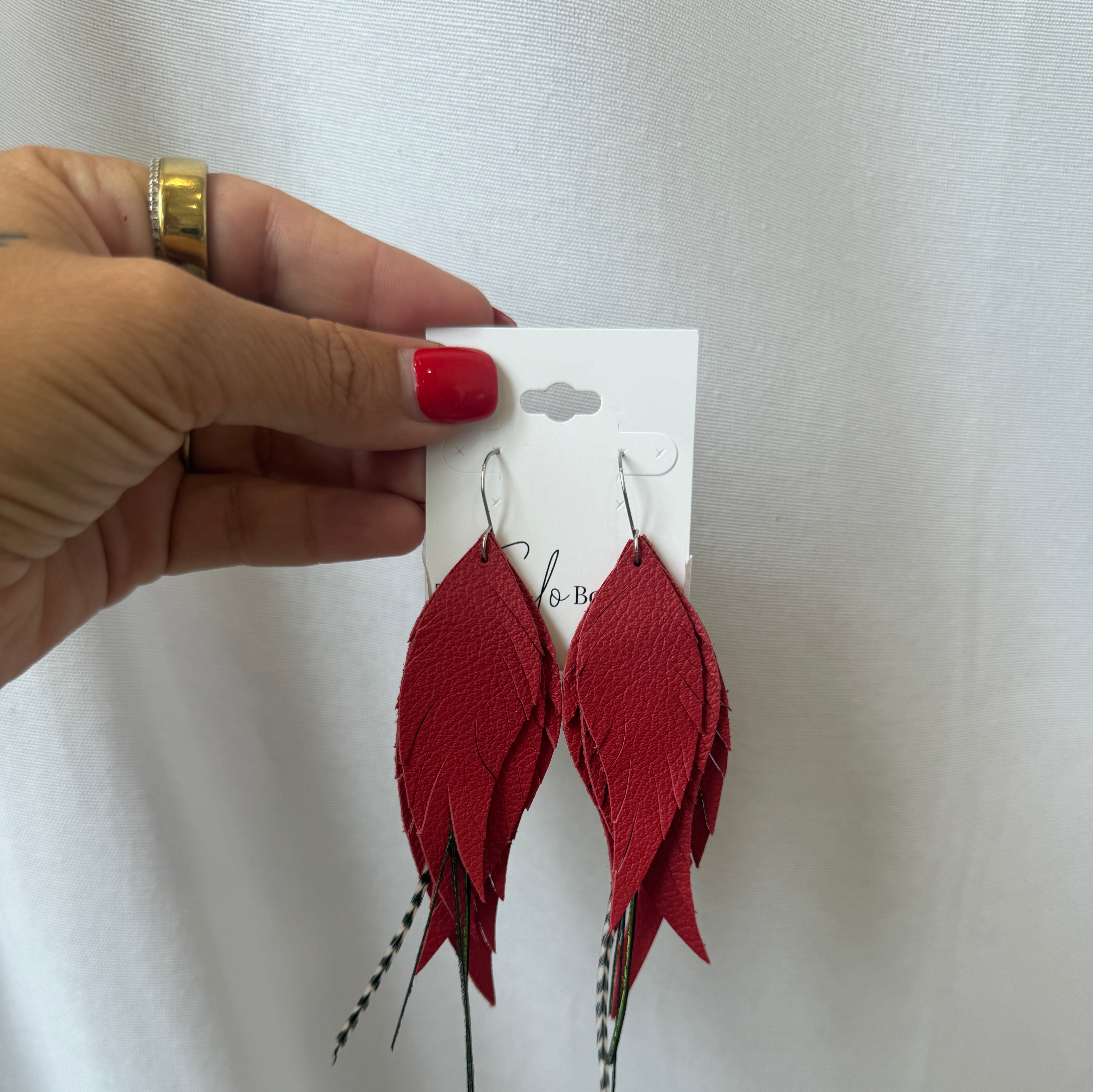 Dutton Fringe Feather-Red-Earrings-fringe with faith-The Silo Boutique, Women's Fashion Boutique Located in Warren and Grand Forks North Dakota