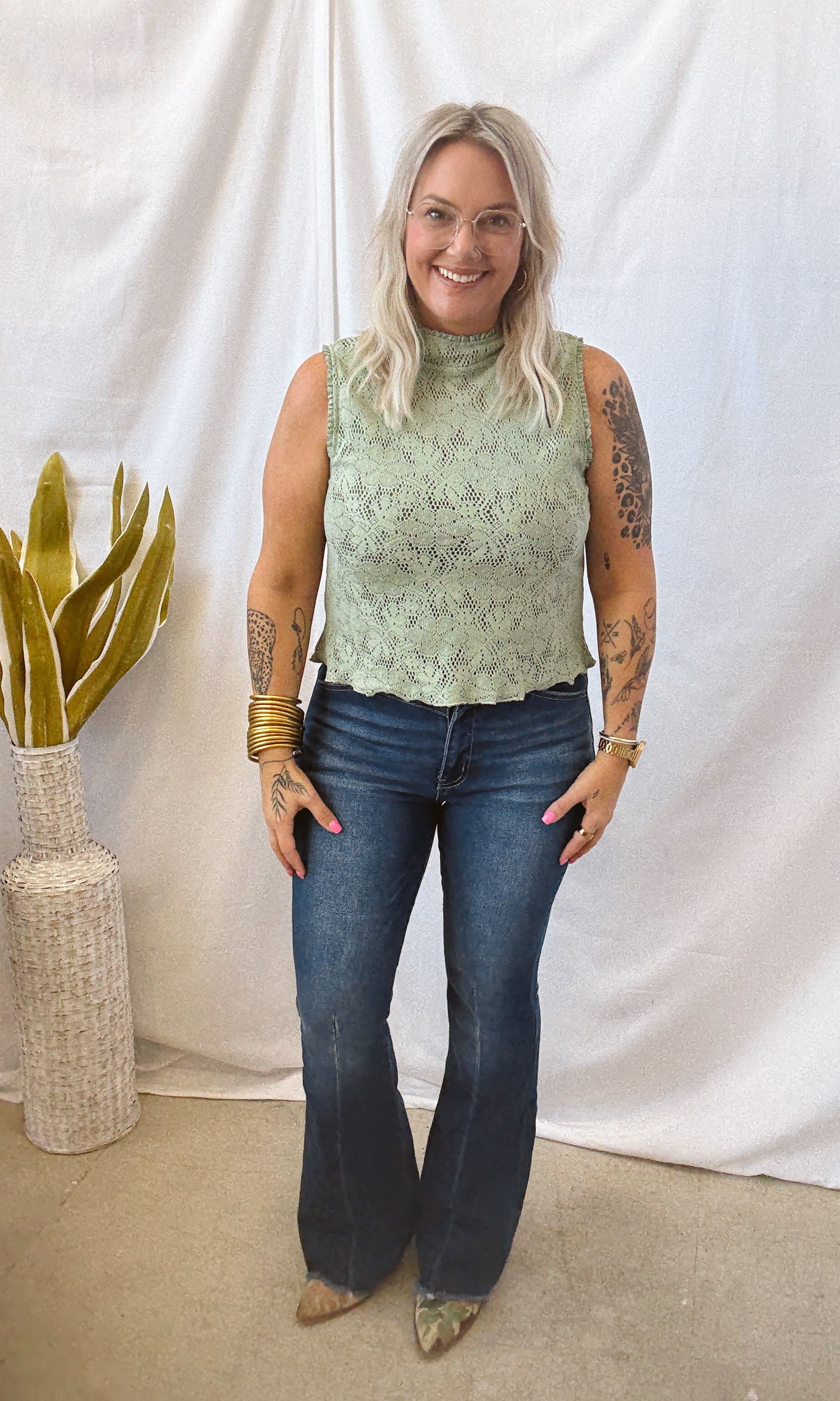 Lace Sheer Tank Top-Sage-Tank Tops-Umgee-The Silo Boutique, Women's Fashion Boutique Located in Warren and Grand Forks North Dakota