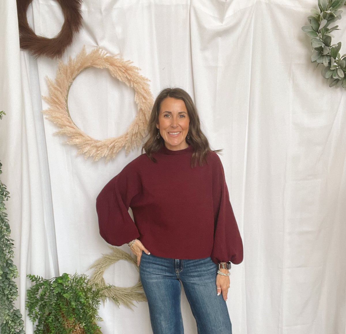 Malia Mock Neck Sweater-Burgundy-Sweaters-ENTRO-The Silo Boutique, Women's Fashion Boutique Located in Warren and Grand Forks North Dakota