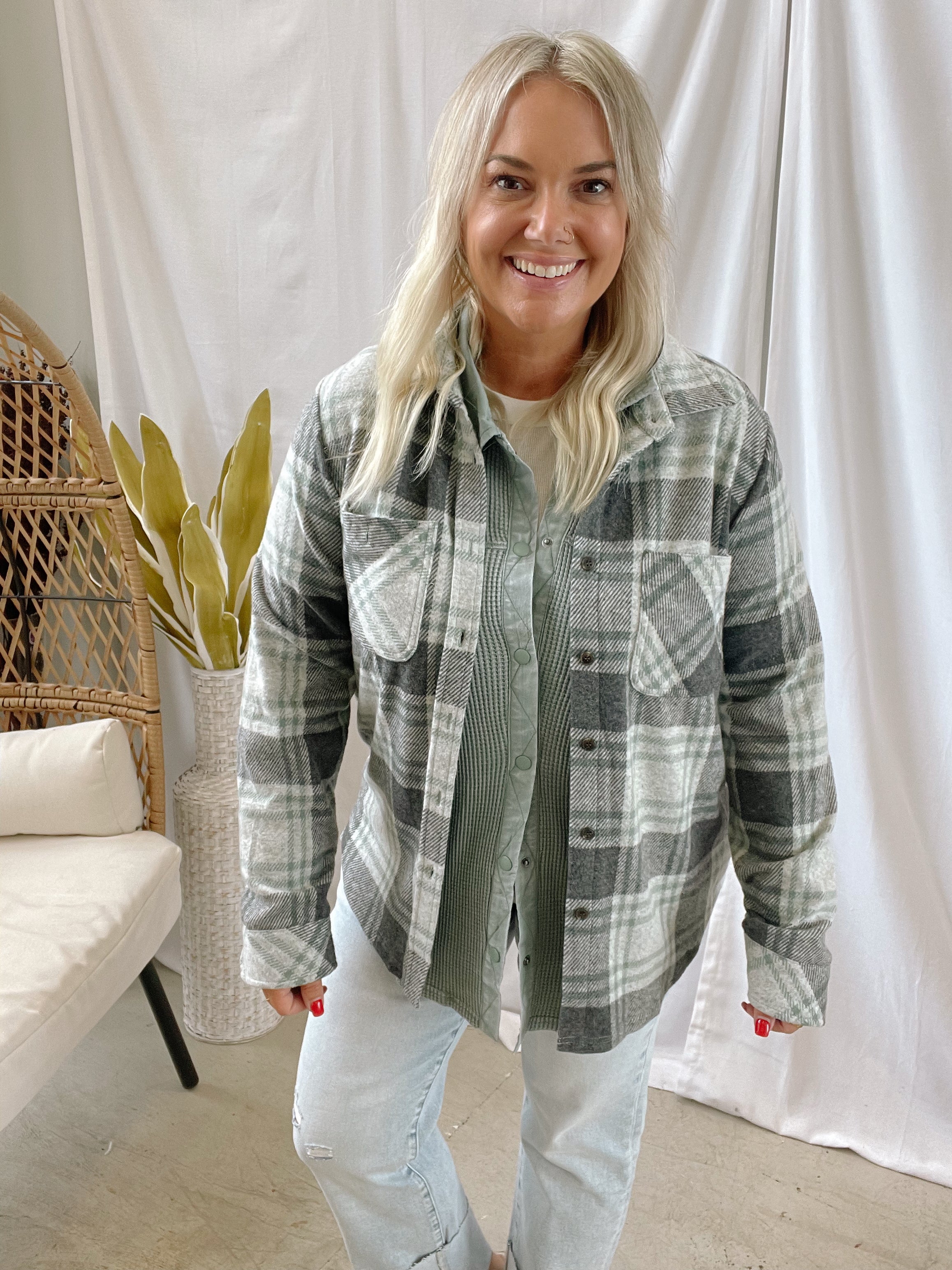 Gray Plaid Button Up Flannel Top-Long Sleeve Tops-panache-The Silo Boutique, Women's Fashion Boutique Located in Warren and Grand Forks North Dakota