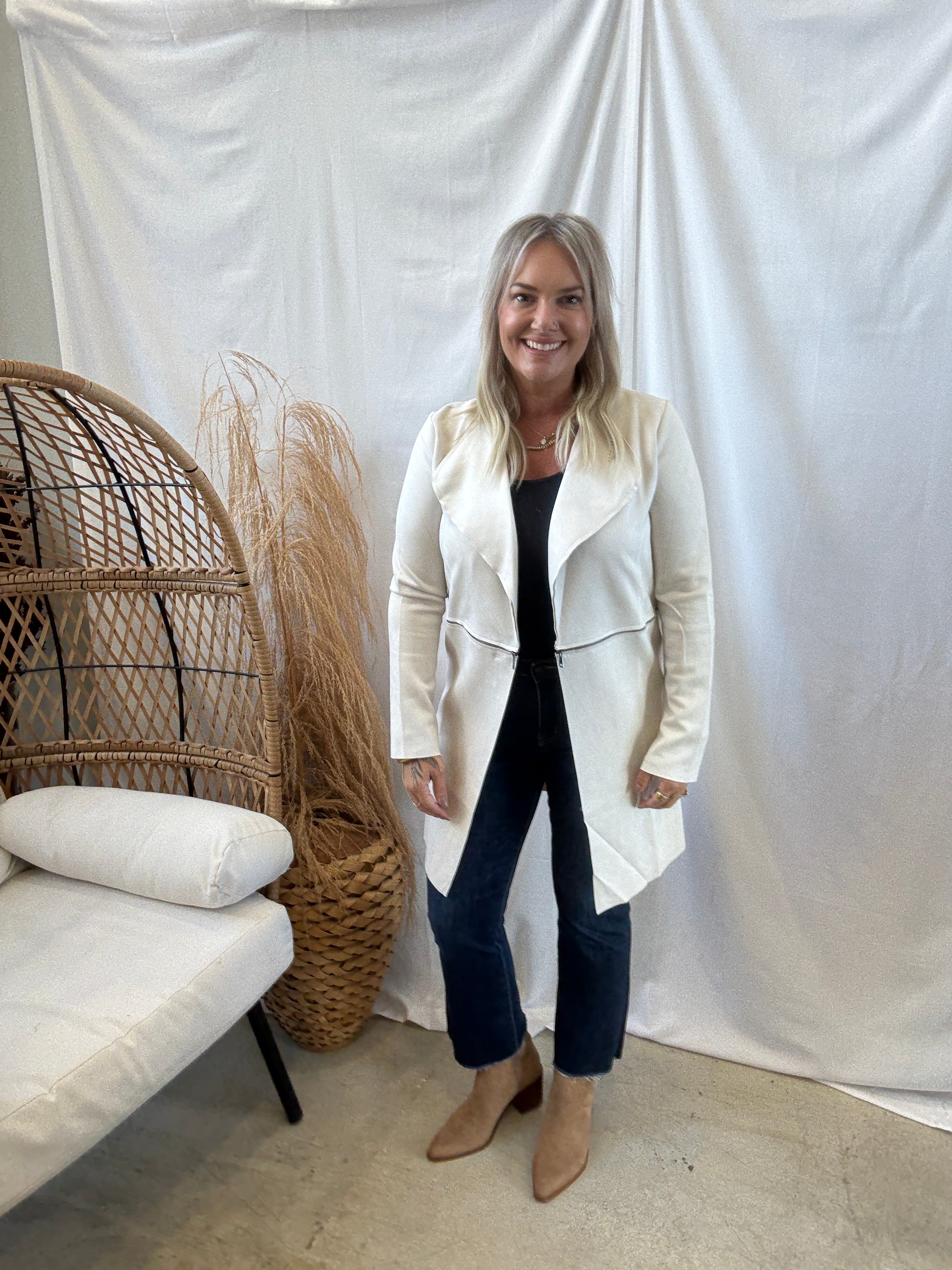 Long Sleeve Suede Jacket-Ecru-Coats & Jackets-active basics-The Silo Boutique, Women's Fashion Boutique Located in Warren and Grand Forks North Dakota