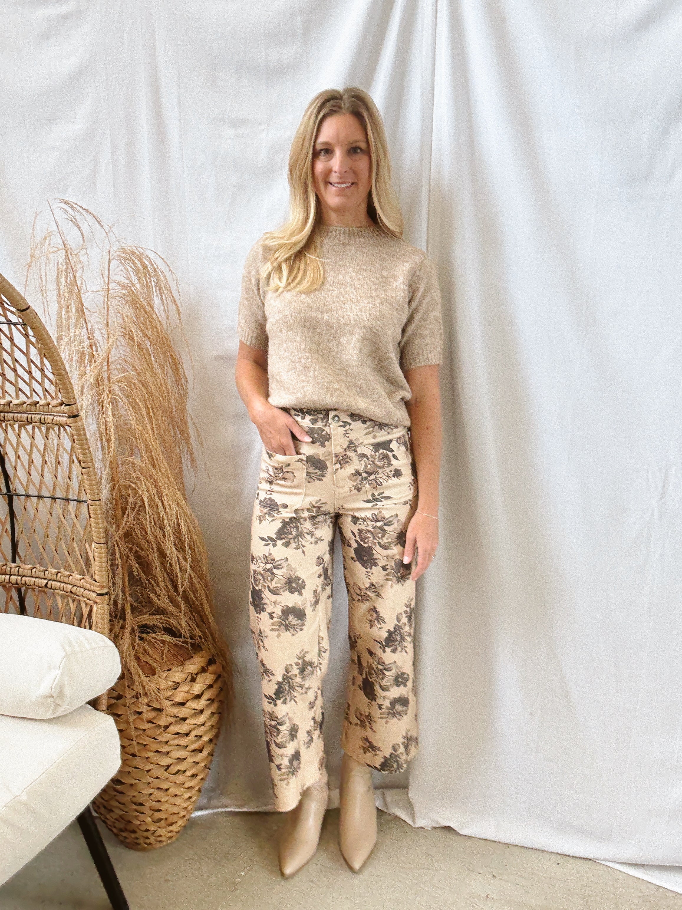 Everly Taupe Floral Pants-Pants-ENTRO-The Silo Boutique, Women's Fashion Boutique Located in Warren and Grand Forks North Dakota