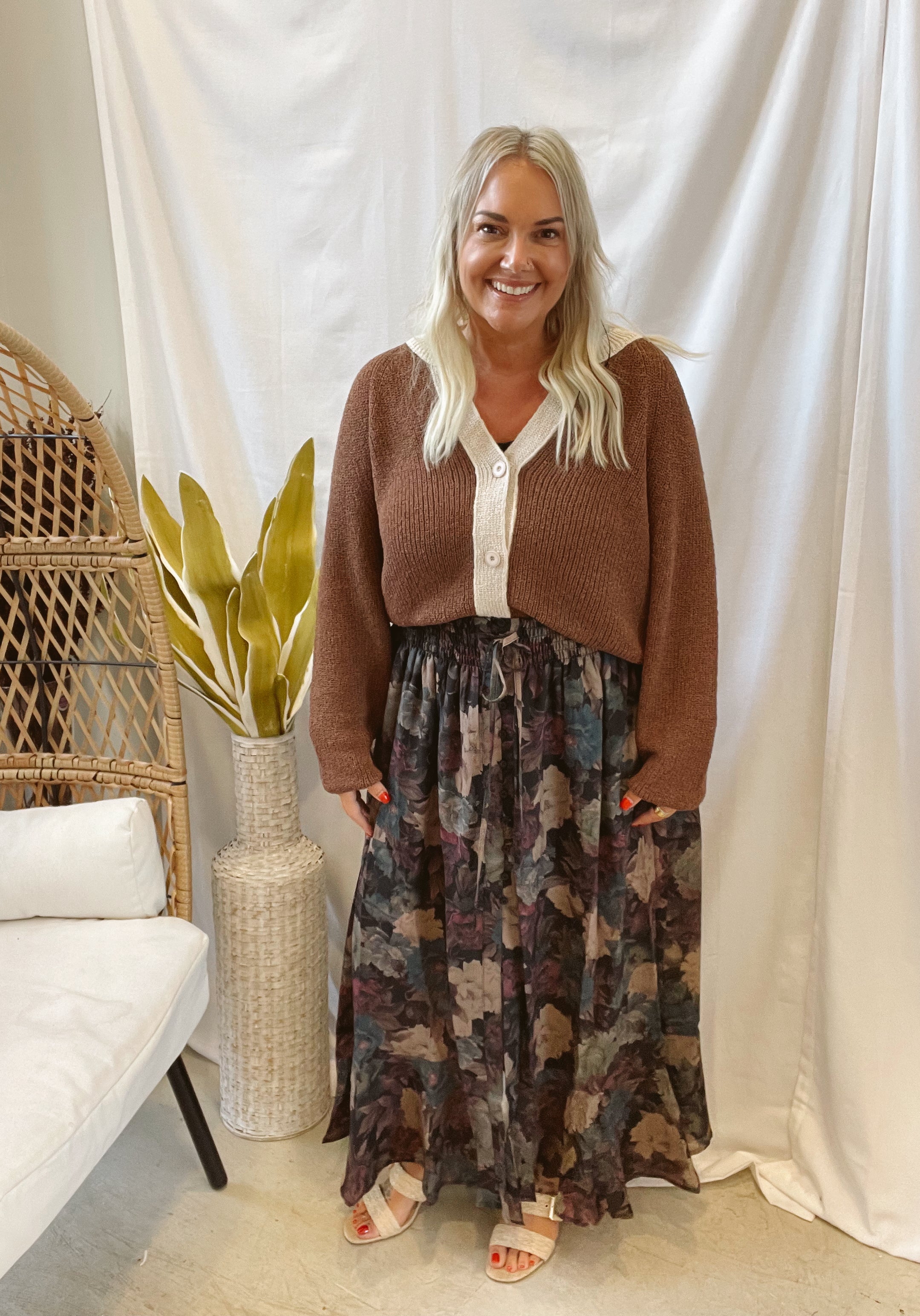 Wine Floral Button Maxi Skirt-Skirts-promesa-The Silo Boutique, Women's Fashion Boutique Located in Warren and Grand Forks North Dakota