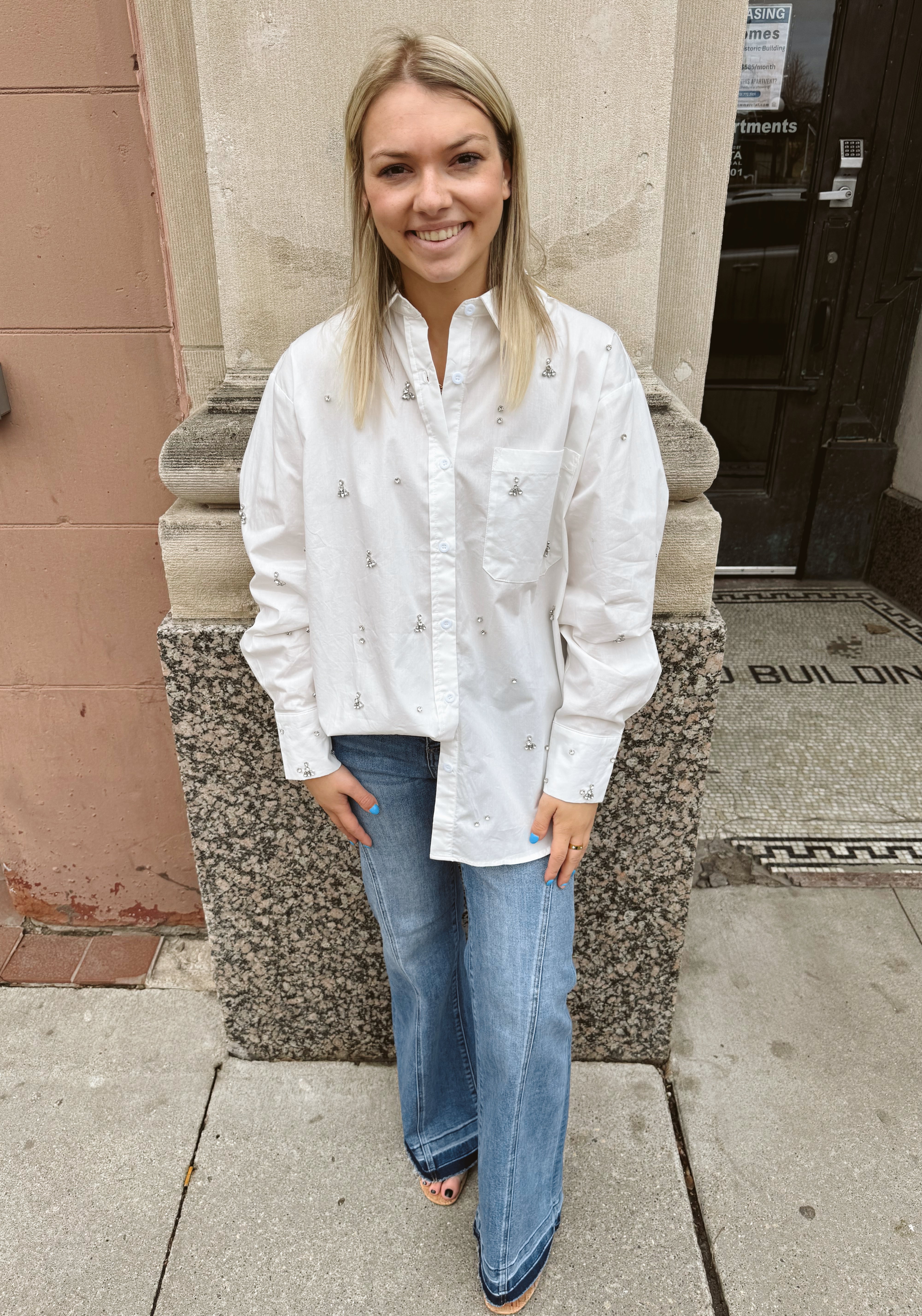 Jewel Studded White Button Down Shirt-Long Sleeve Tops-blue B-The Silo Boutique, Women's Fashion Boutique Located in Warren and Grand Forks North Dakota