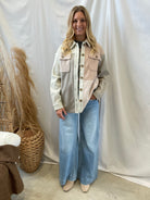 Ivory and Oatmeal Colorblock Shacket-Shackets-hem and thread-The Silo Boutique, Women's Fashion Boutique Located in Warren and Grand Forks North Dakota