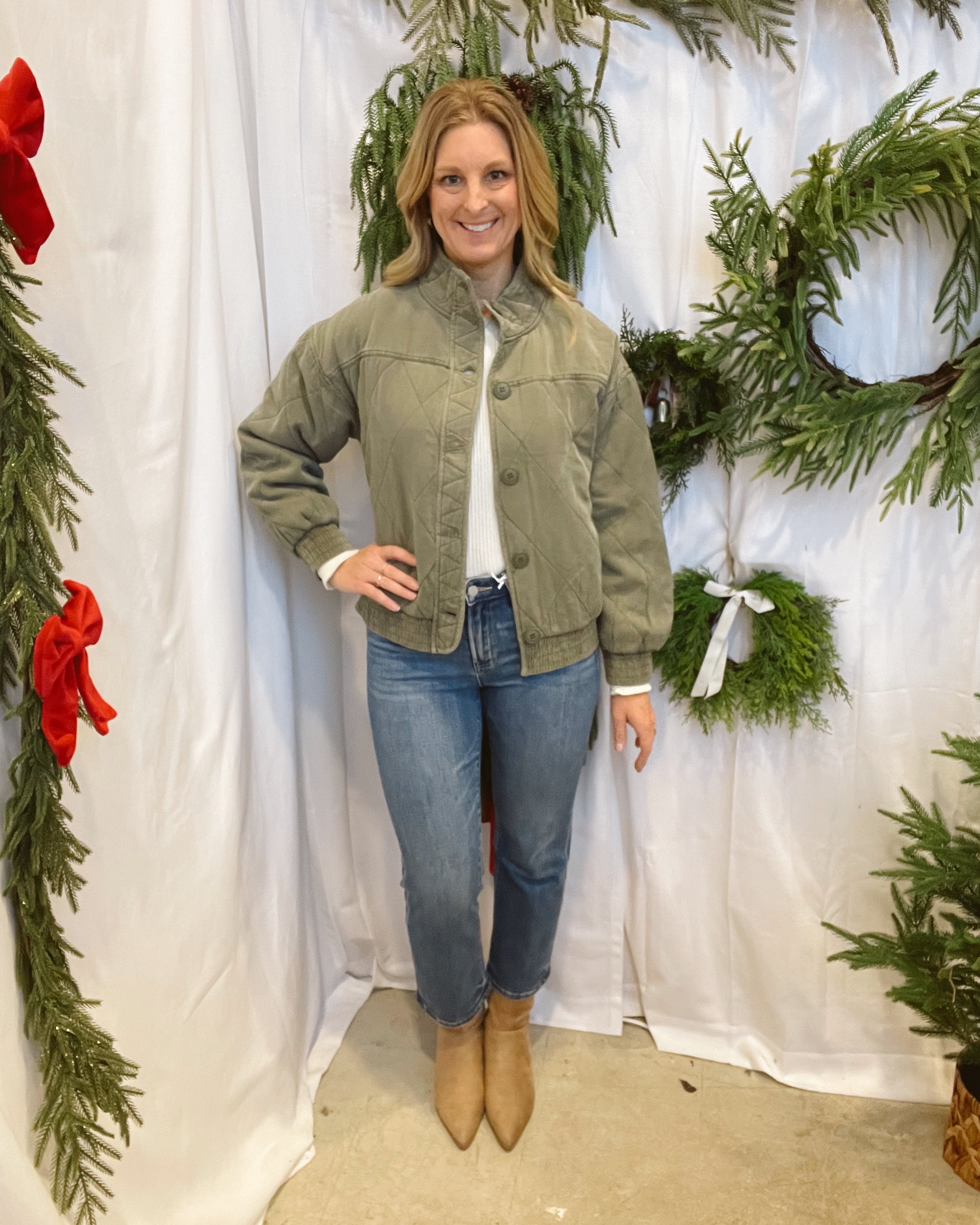 Olive Quilted Jacket-Cardigans-blu pepper-The Silo Boutique, Women's Fashion Boutique Located in Warren and Grand Forks North Dakota