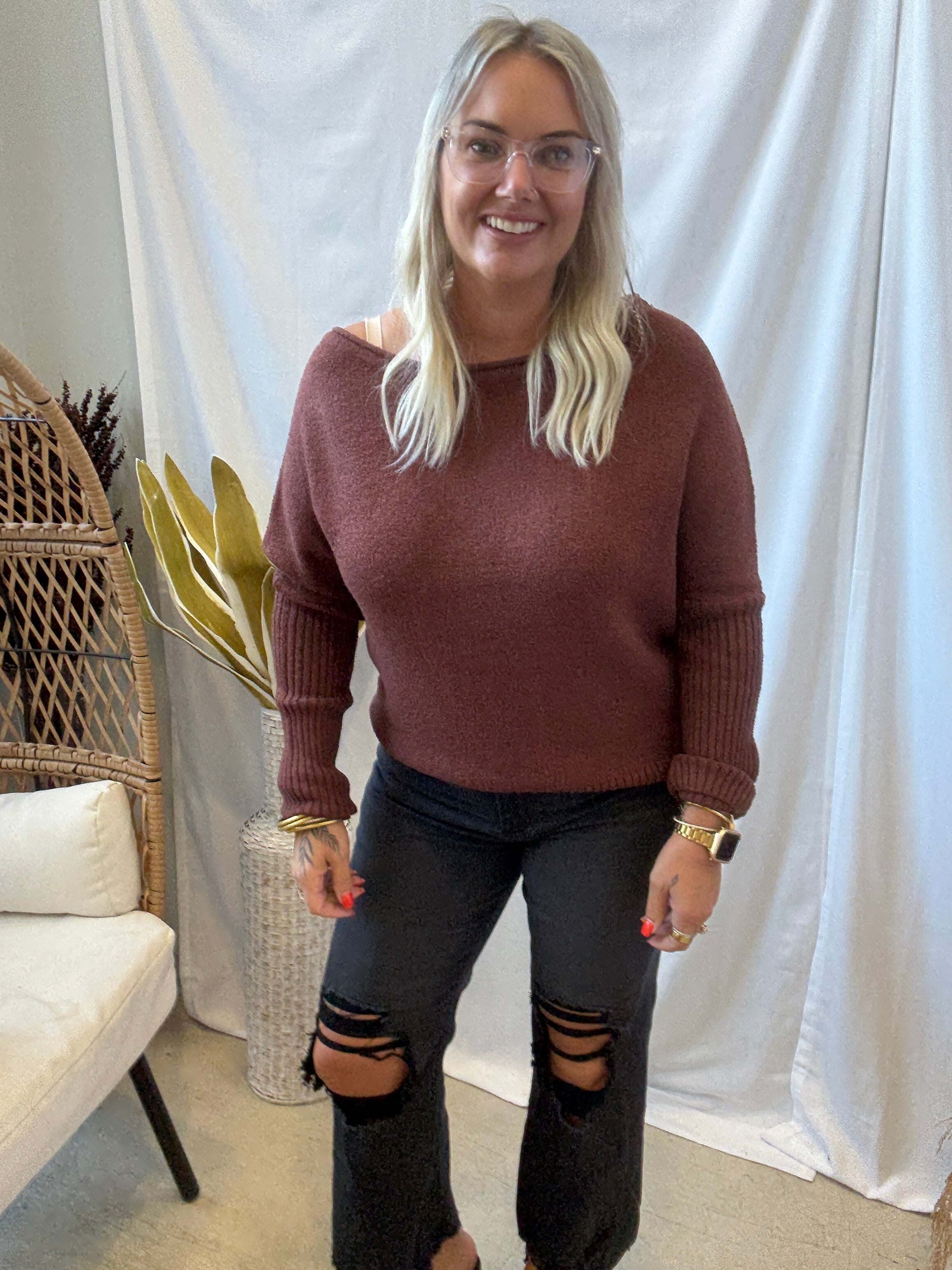 Textured One Shoulder Brown Top-Long Sleeve Tops-promesa-The Silo Boutique, Women's Fashion Boutique Located in Warren and Grand Forks North Dakota