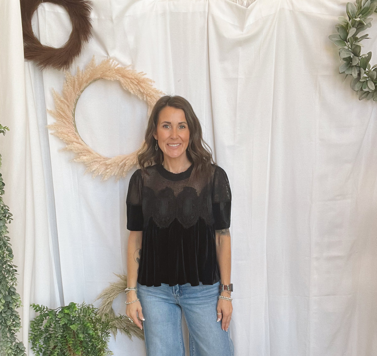 Velvet Scallop Top-Black-Short Sleeve Tops-hem and thread-The Silo Boutique, Women's Fashion Boutique Located in Warren and Grand Forks North Dakota