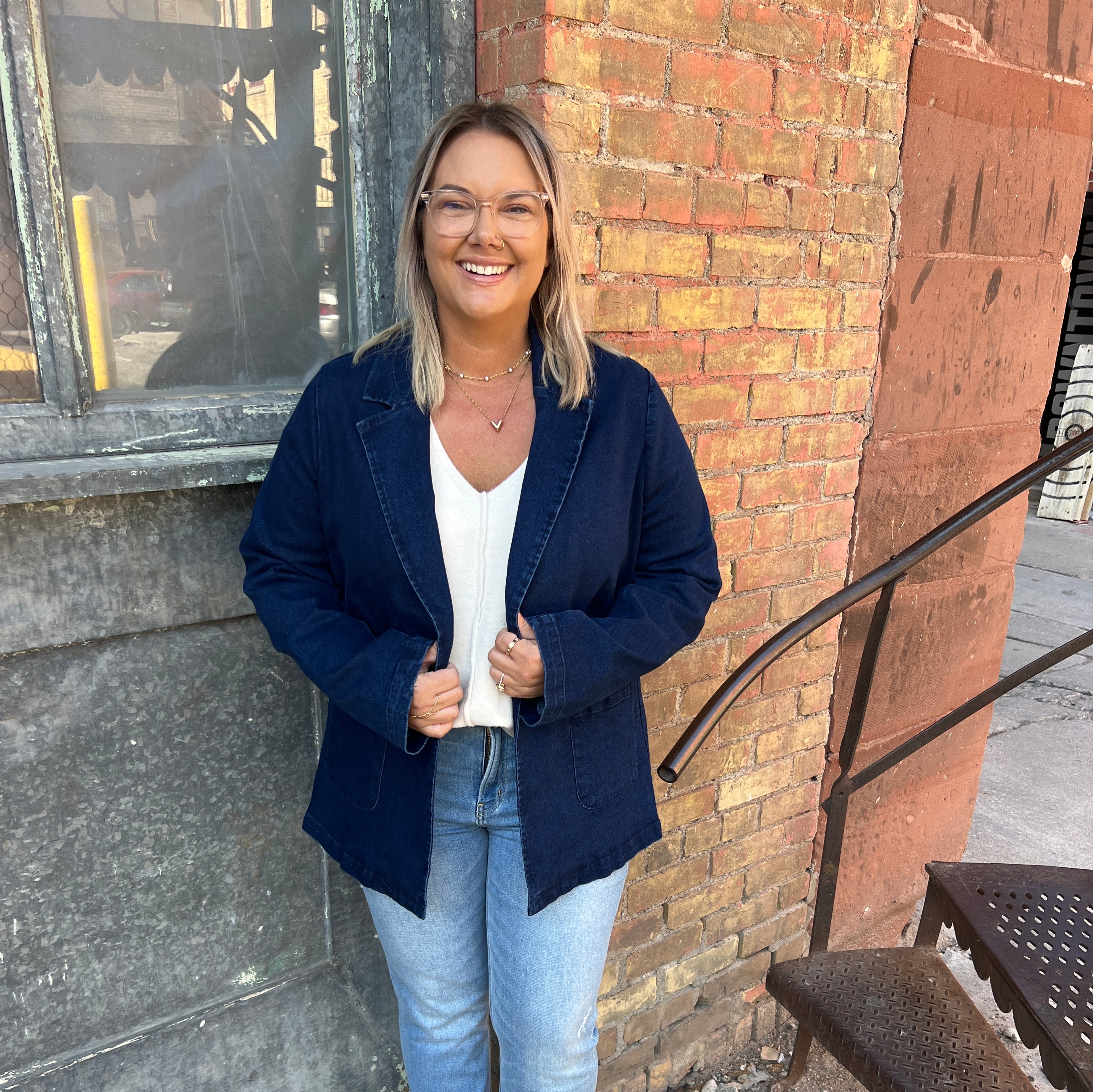 Dark Denim Washed Blazer-Final Sale-Blazers-skies are blue-The Silo Boutique, Women's Fashion Boutique Located in Warren and Grand Forks North Dakota