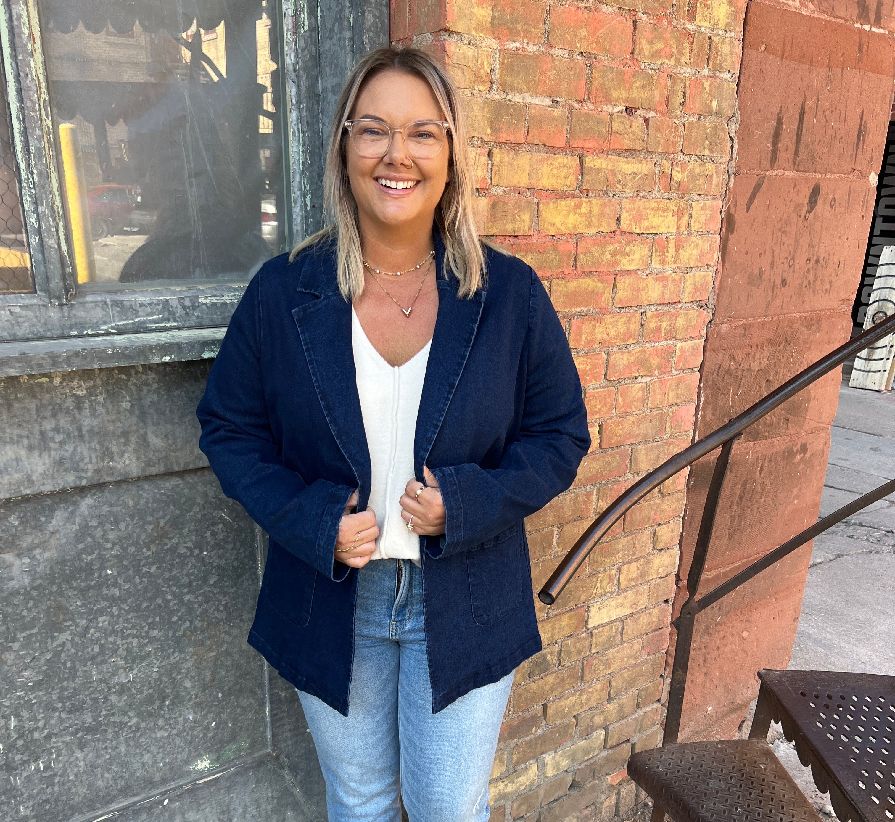 Dark Denim Washed Blazer-Blazers-skies are blue-The Silo Boutique, Women's Fashion Boutique Located in Warren and Grand Forks North Dakota