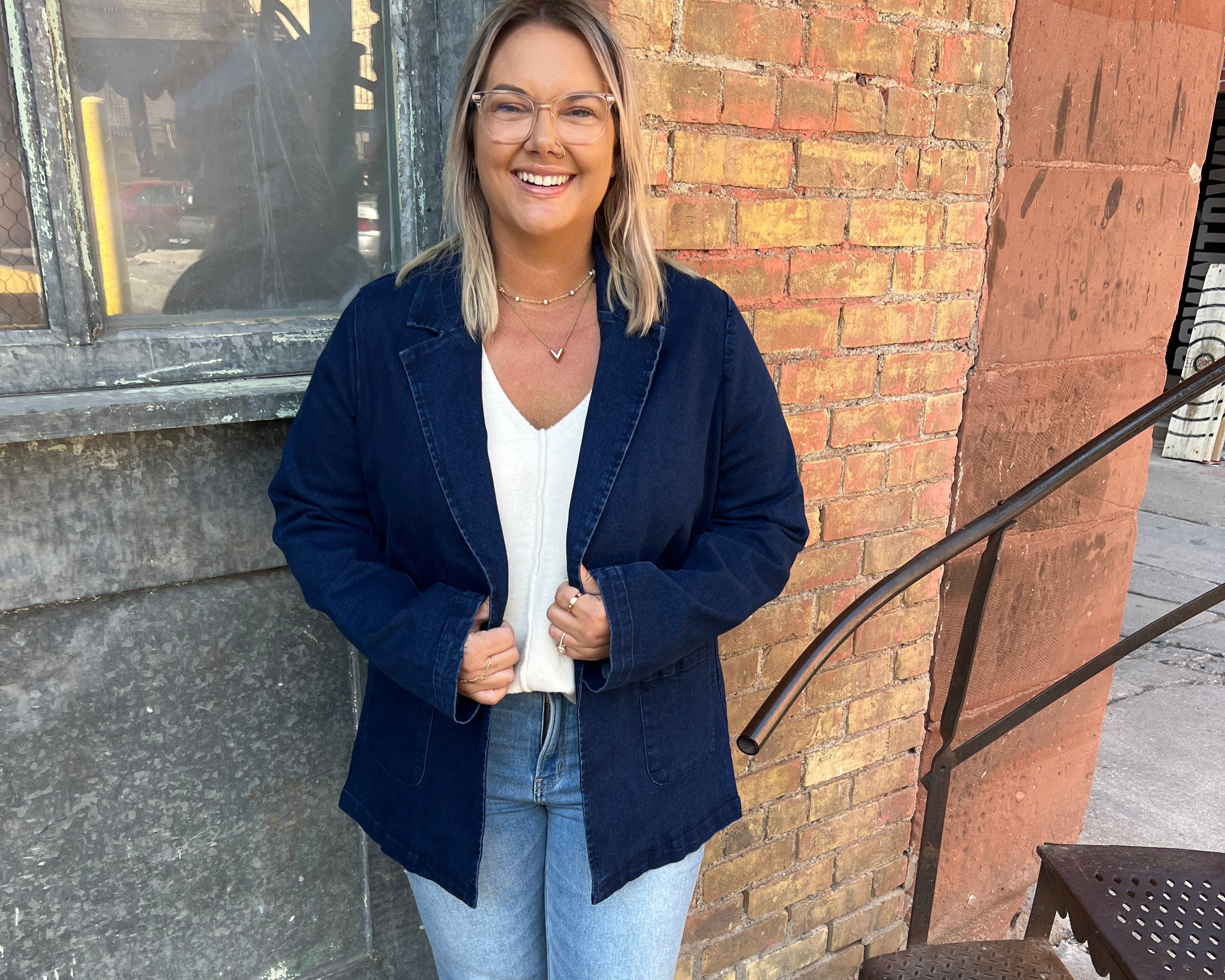 Dark Denim Washed Blazer-Blazers-skies are blue-The Silo Boutique, Women's Fashion Boutique Located in Warren and Grand Forks North Dakota