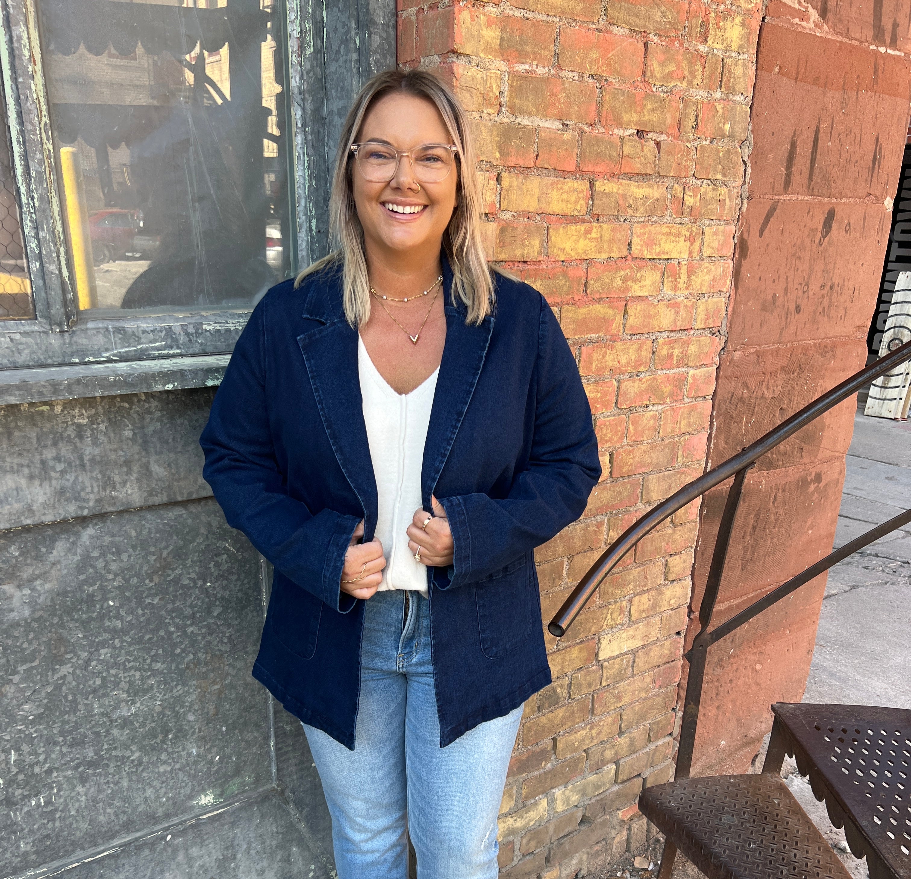 Dark Denim Washed Blazer-Blazers-skies are blue-The Silo Boutique, Women's Fashion Boutique Located in Warren and Grand Forks North Dakota