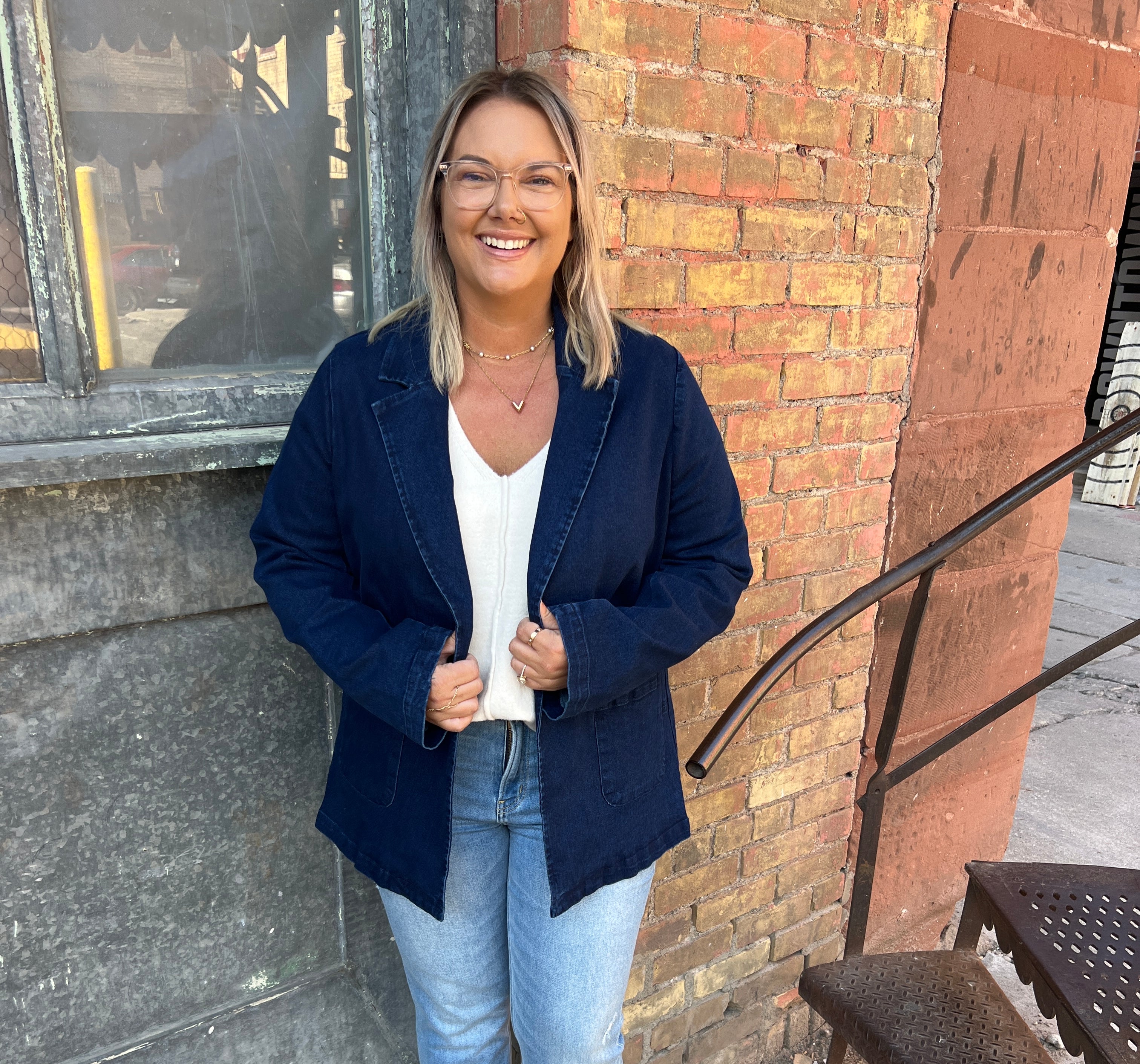 Dark Denim Washed Blazer-Blazers-skies are blue-The Silo Boutique, Women's Fashion Boutique Located in Warren and Grand Forks North Dakota