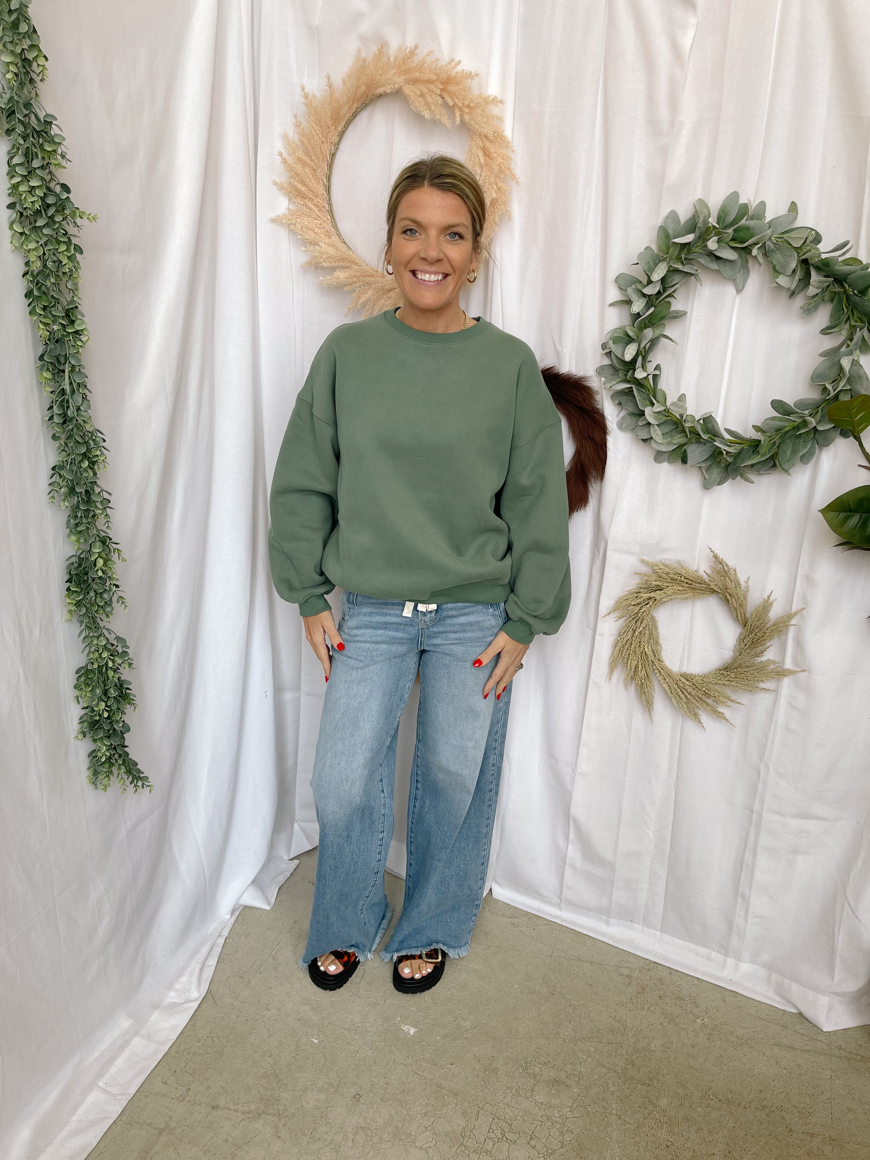 Varsity Crew Sweatshirt-Pine Green-Sweatshirts-tictoc-The Silo Boutique, Women's Fashion Boutique Located in Warren and Grand Forks North Dakota