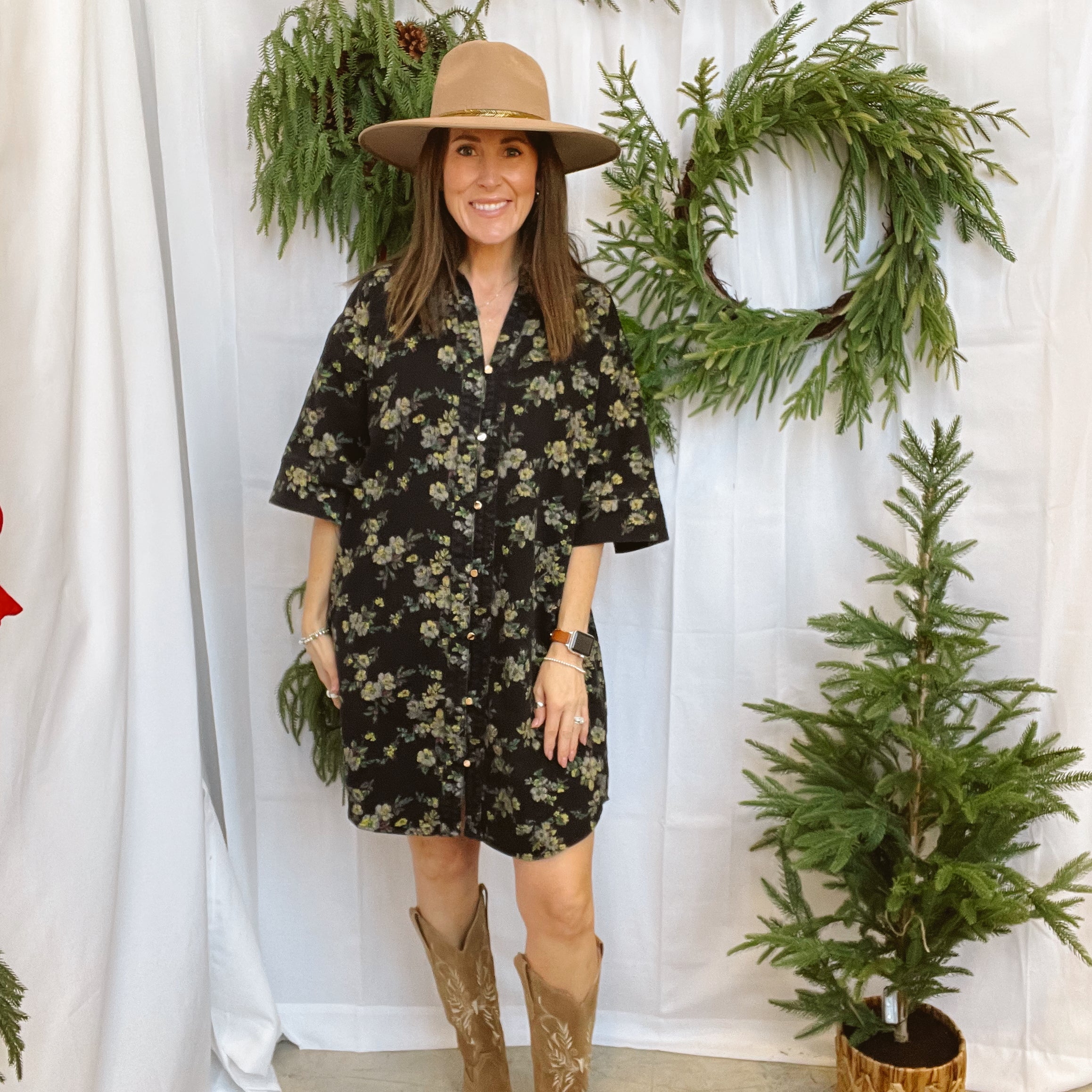 Black Floral Button Up Shirt Dress-Dresses-entro-The Silo Boutique, Women's Fashion Boutique Located in Warren and Grand Forks North Dakota