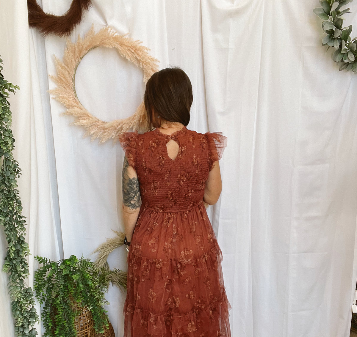 Tia Ruffle Floral Dress-Terracotta-Dresses-blu pepper-The Silo Boutique, Women's Fashion Boutique Located in Warren and Grand Forks North Dakota