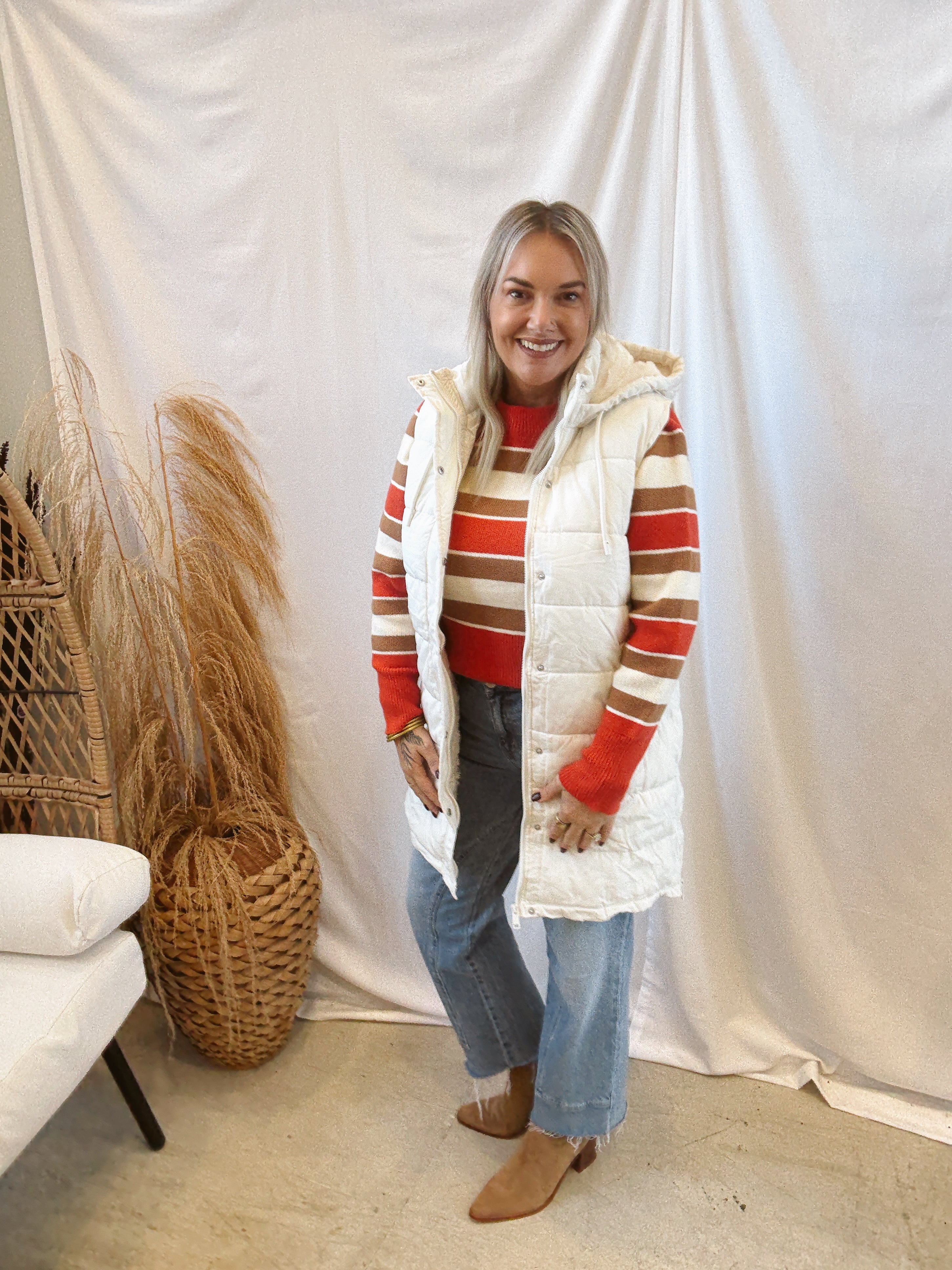 Long Puffer Vest-Ivory-Vests-diamonante-The Silo Boutique, Women's Fashion Boutique Located in Warren and Grand Forks North Dakota