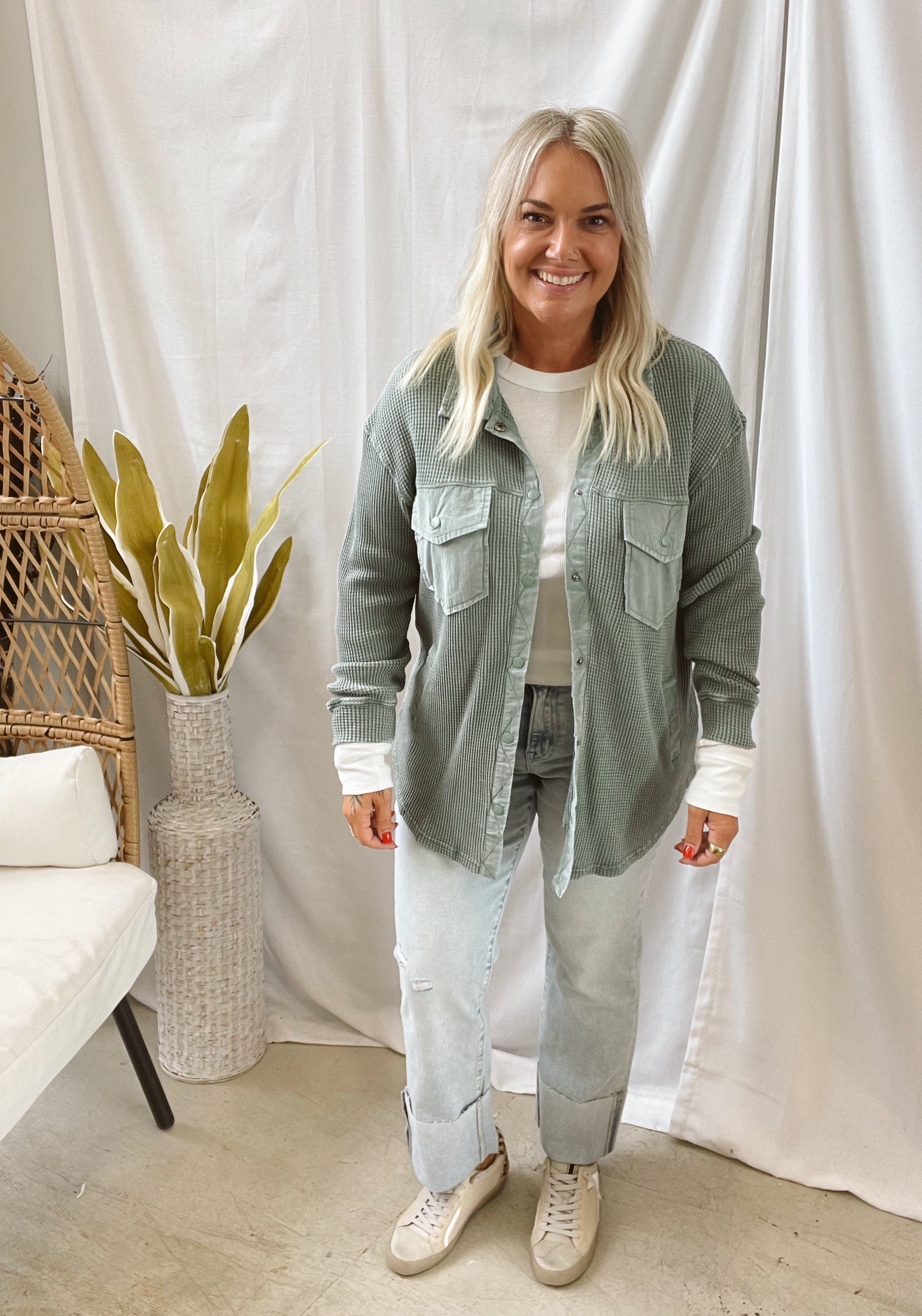 Waffle Knit Button Down Top-Pine-Coats & Jackets-mono b-The Silo Boutique, Women's Fashion Boutique Located in Warren and Grand Forks North Dakota