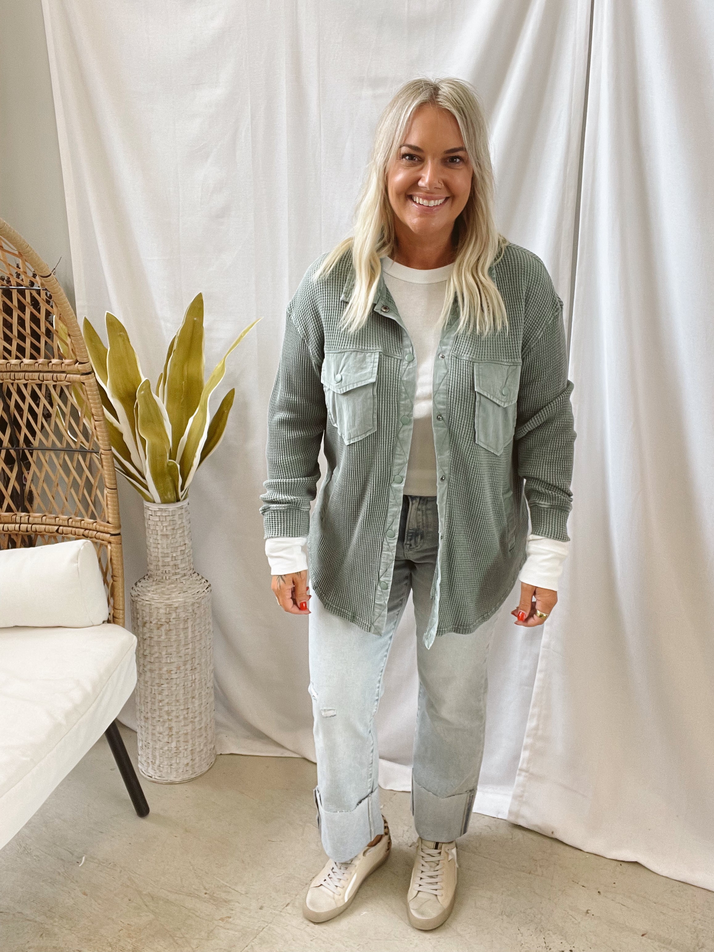 Waffle Knit Button Down Top-Pine-Coats & Jackets-mono b-The Silo Boutique, Women's Fashion Boutique Located in Warren and Grand Forks North Dakota