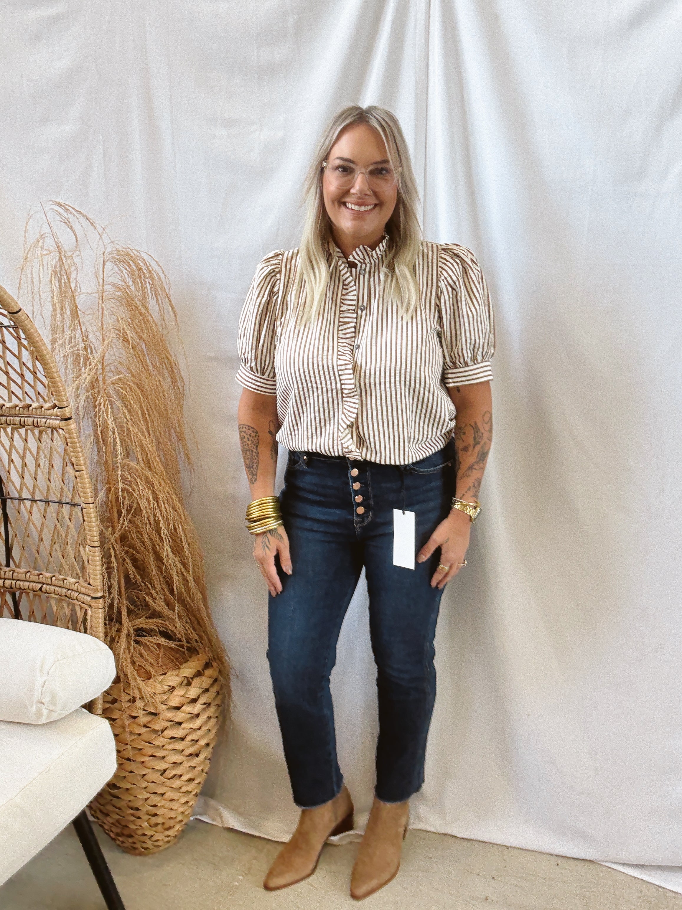 Brown and Cream Stripe Short Sleeve Top-Short Sleeve Tops-ENTRO-The Silo Boutique, Women's Fashion Boutique Located in Warren and Grand Forks North Dakota