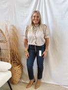 Brown and Cream Stripe Short Sleeve Top-Short Sleeve Tops-ENTRO-The Silo Boutique, Women's Fashion Boutique Located in Warren and Grand Forks North Dakota