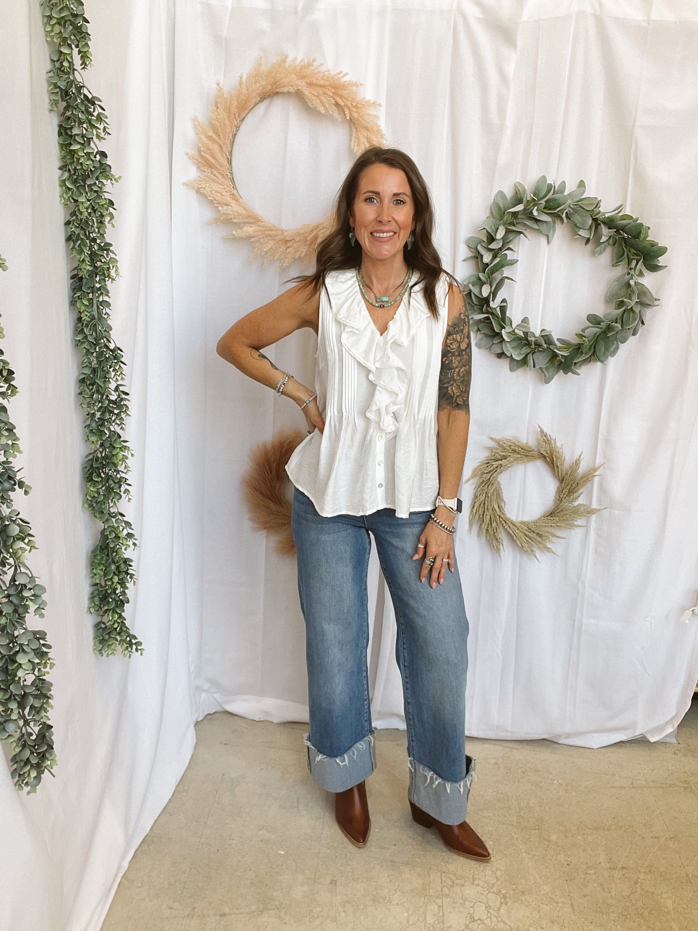 Nikki Flowy Blouse Tank-White-Tank Tops-entro-The Silo Boutique, Women's Fashion Boutique Located in Warren and Grand Forks North Dakota