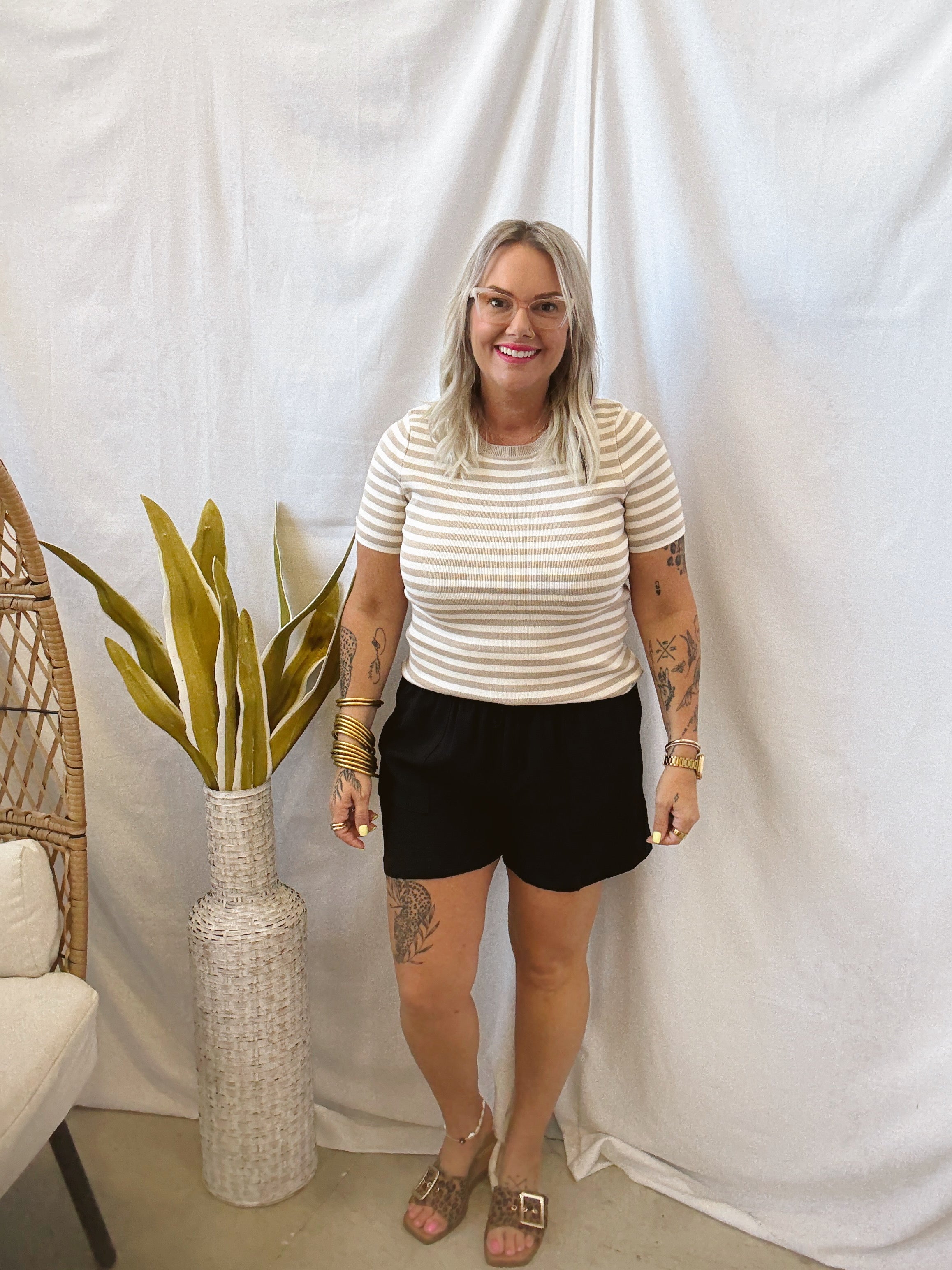 Taupe Stripe Crew Short Sleeve Top-Short Sleeve Tops-stacatto-The Silo Boutique, Women's Fashion Boutique Located in Warren and Grand Forks North Dakota