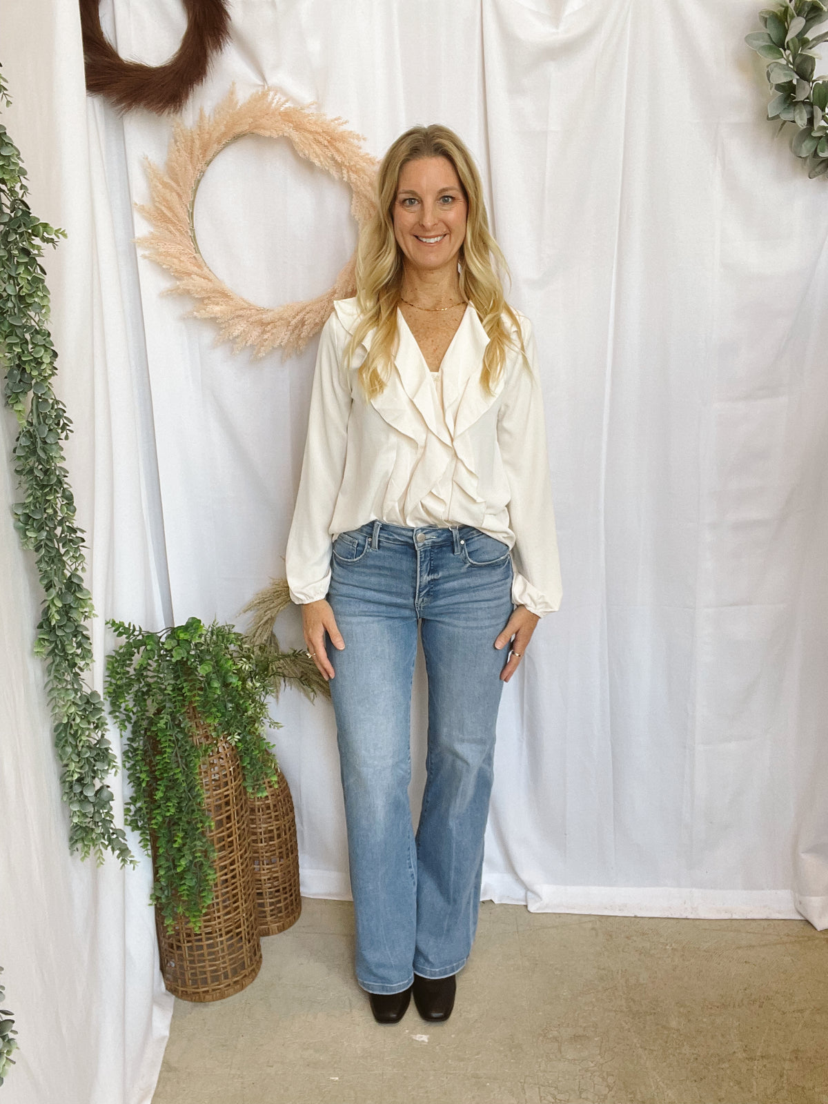 Ruffled V-Neck Top-Ivory-Long Sleeve Tops-hyfve-The Silo Boutique, Women's Fashion Boutique Located in Warren and Grand Forks North Dakota