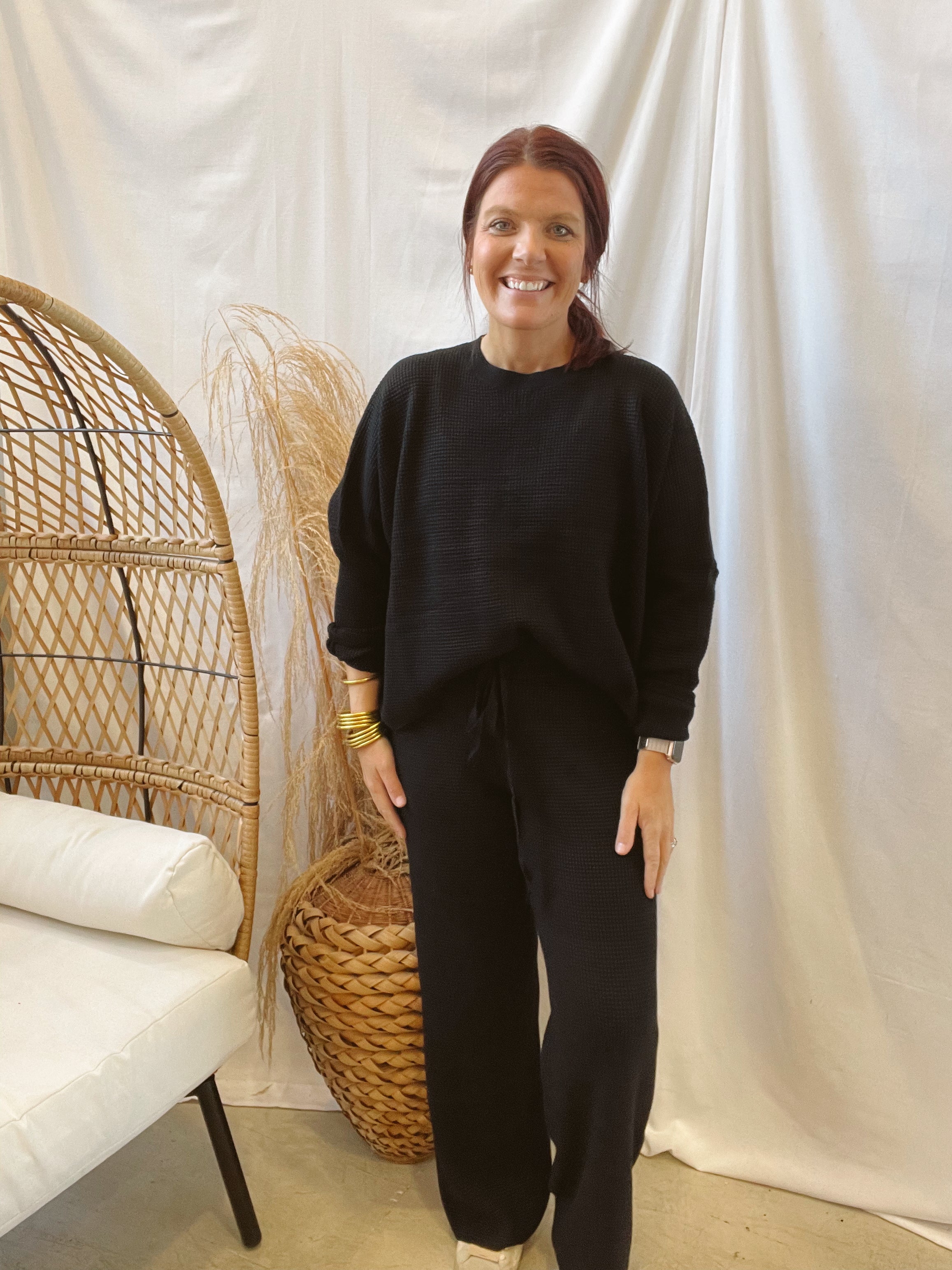 Rose Textured Waffle Set-Black-Outfit Sets-tea and Rose-The Silo Boutique, Women's Fashion Boutique Located in Warren and Grand Forks North Dakota