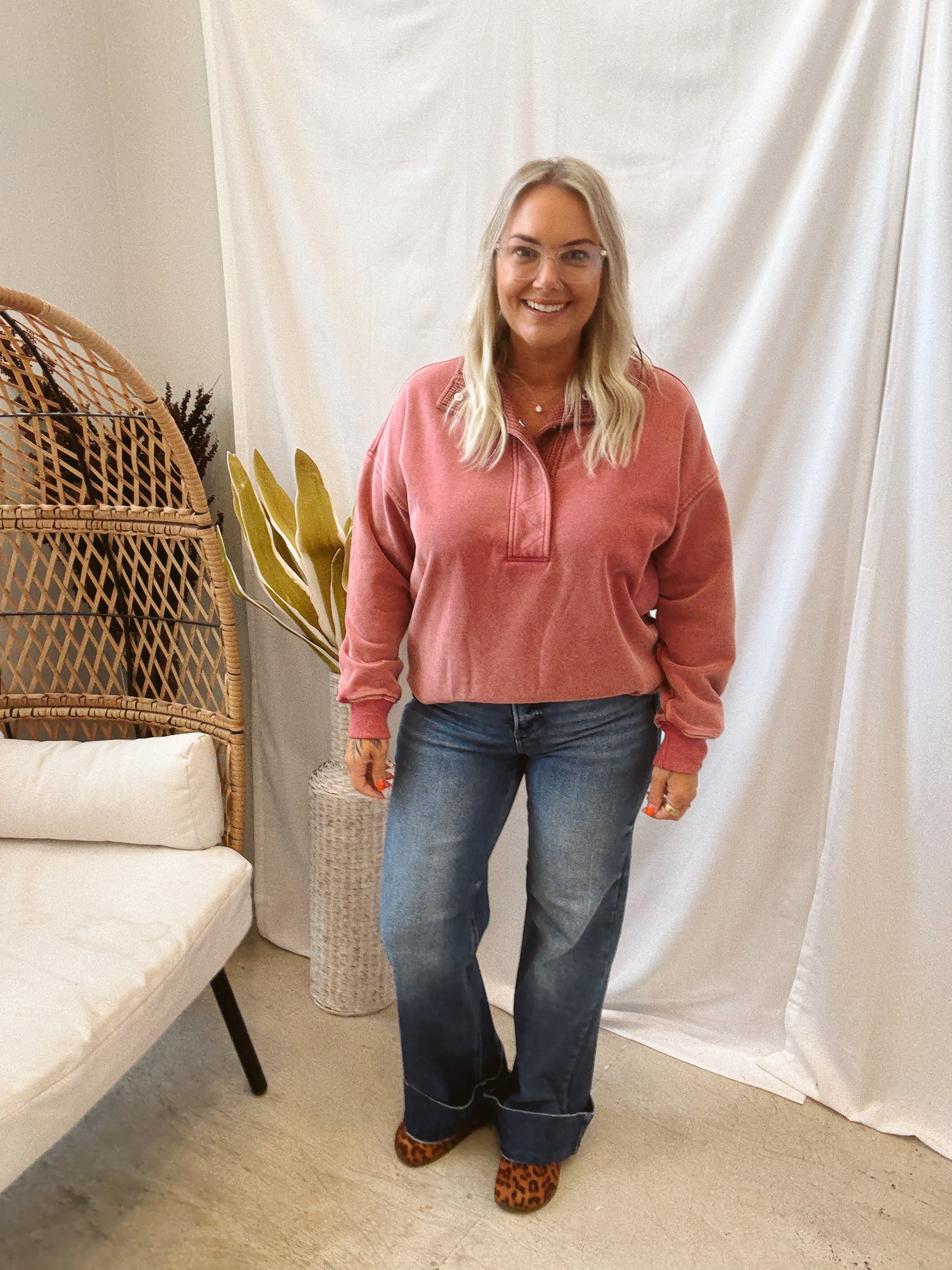 Vintage Red Waffle Mix Quarter Pullover Sweatshirt-Sweatshirts-hem and thread-The Silo Boutique, Women's Fashion Boutique Located in Warren and Grand Forks North Dakota