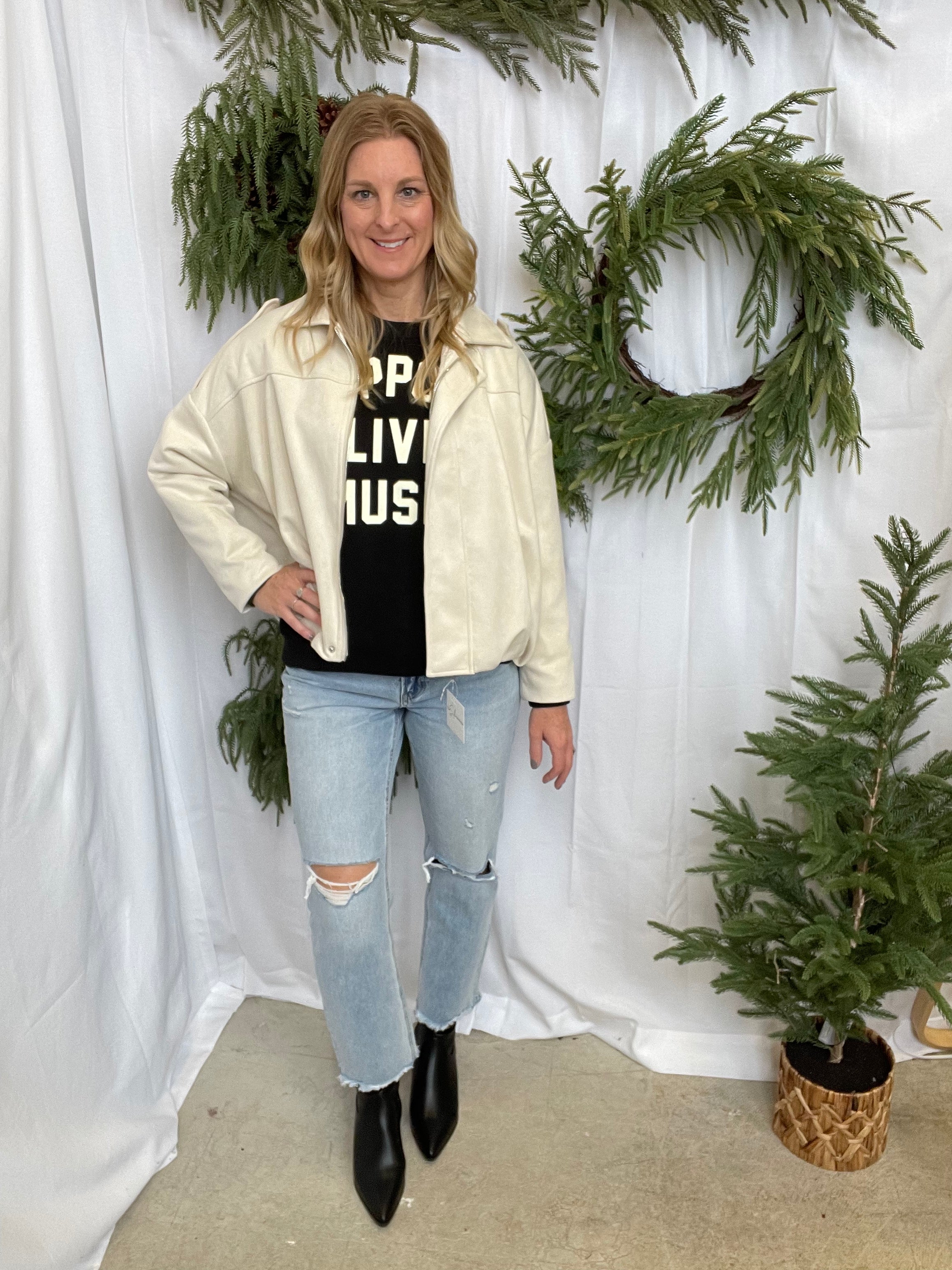 Cream Suede Bomber Jacket-Coats & Jackets-faire-The Silo Boutique, Women's Fashion Boutique Located in Warren and Grand Forks North Dakota