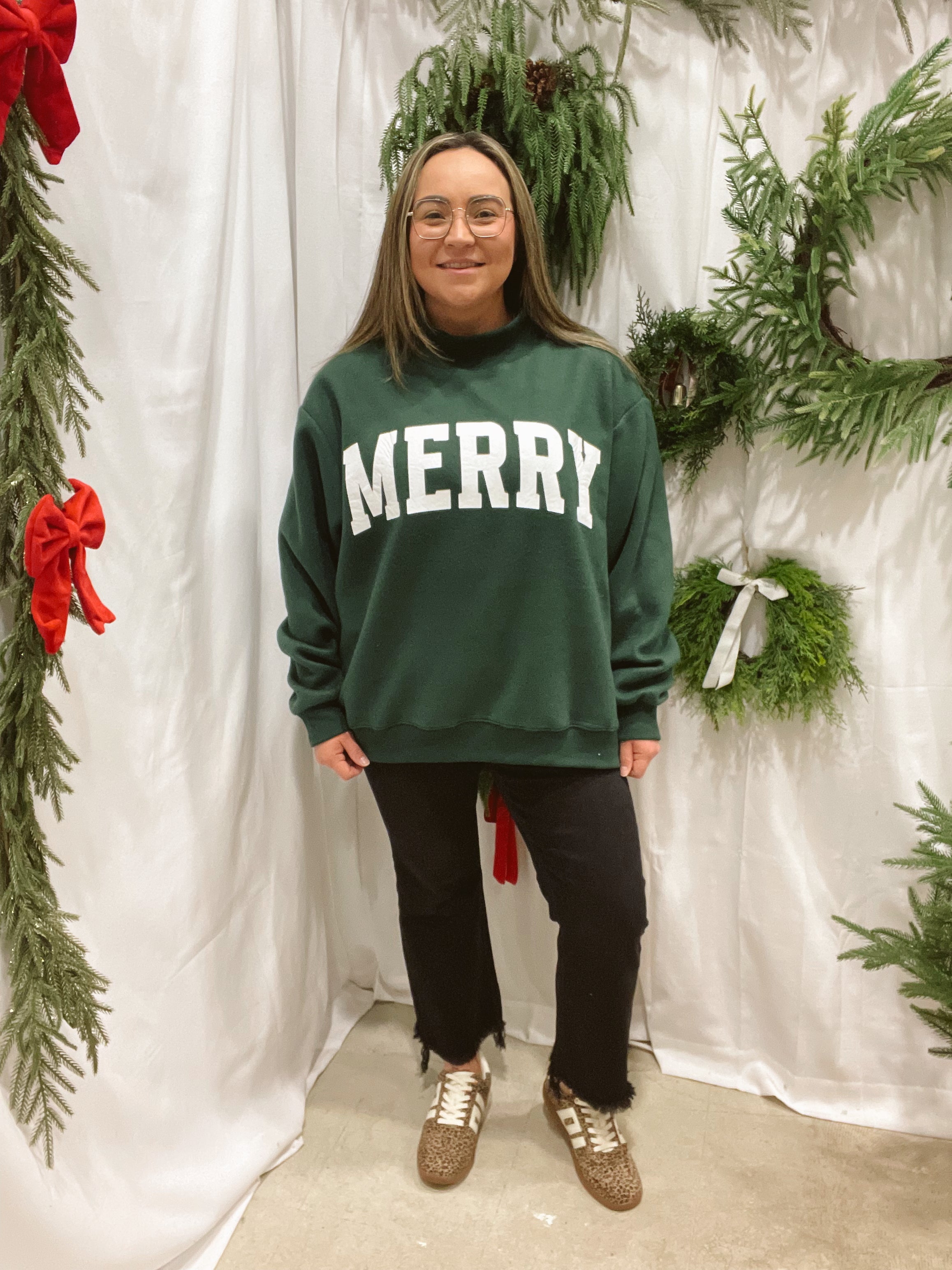 Green Merry & Christmas Sweatshirt-Final Sale-Sweatshirts-bucketlist-The Silo Boutique, Women's Fashion Boutique Located in Warren and Grand Forks North Dakota