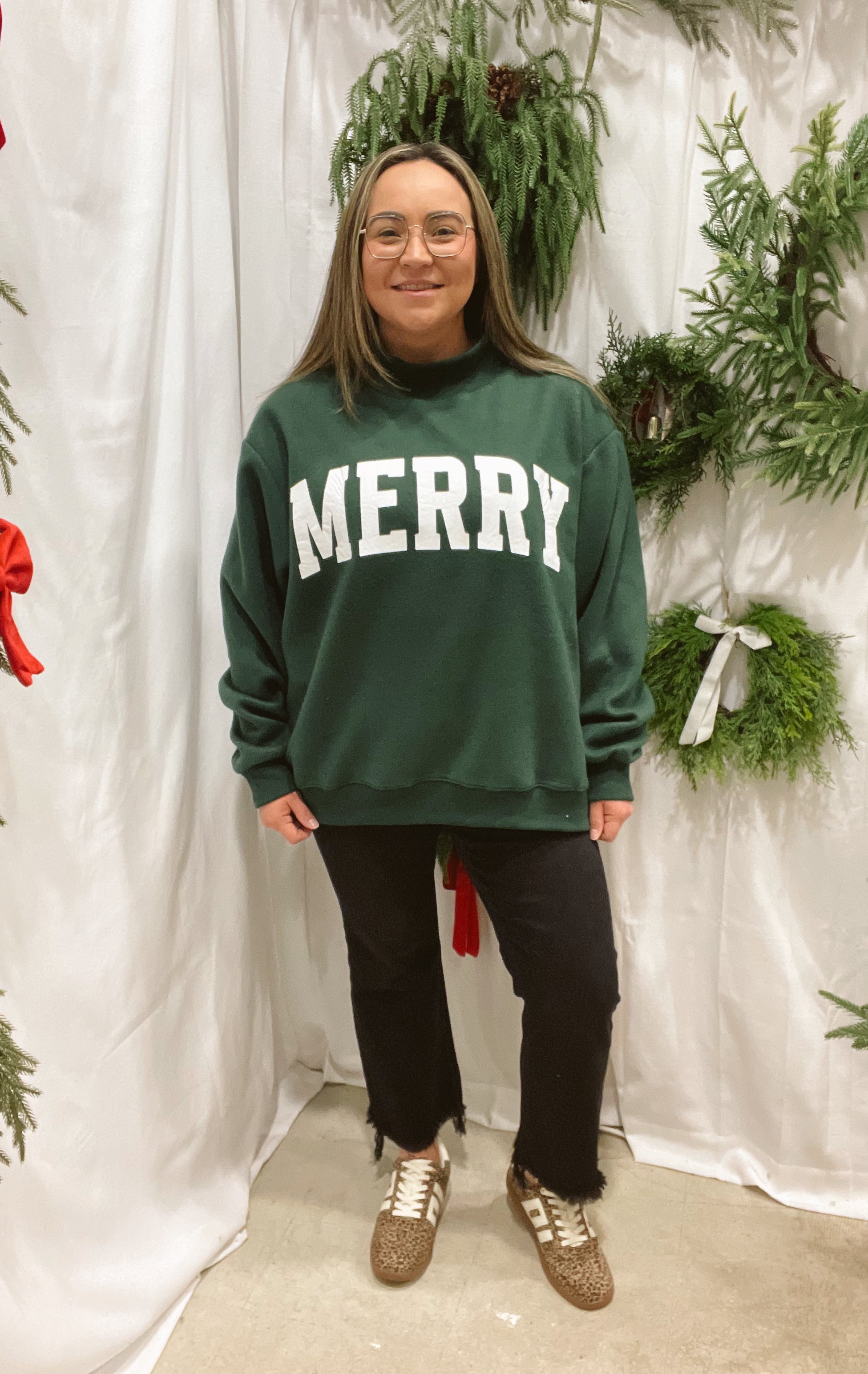 Green Merry & Christmas Sweatshirt-Final Sale-Sweatshirts-bucketlist-The Silo Boutique, Women's Fashion Boutique Located in Warren and Grand Forks North Dakota