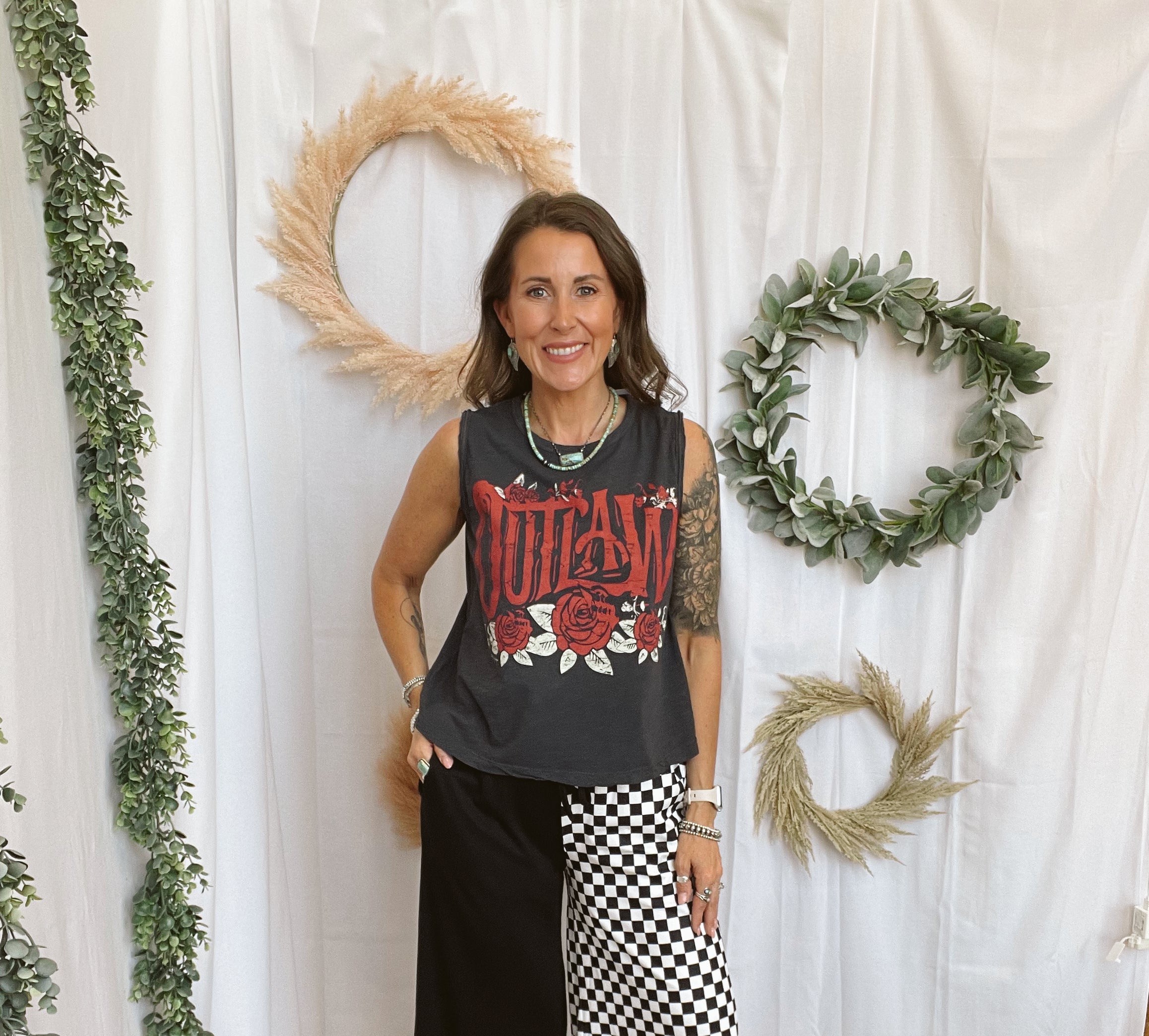 Half and Half Chaos Black and White Check Pants-sweatpants-burnt toast-The Silo Boutique, Women's Fashion Boutique Located in Warren and Grand Forks North Dakota