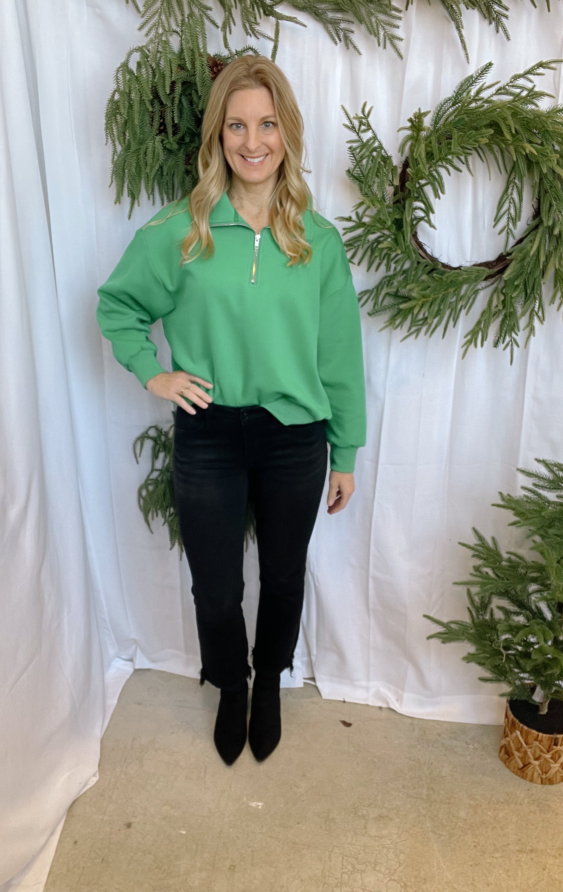 Green Quarter Zip Pullover Sweatshirt-Sweatshirts-she and sky-The Silo Boutique, Women's Fashion Boutique Located in Warren and Grand Forks North Dakota
