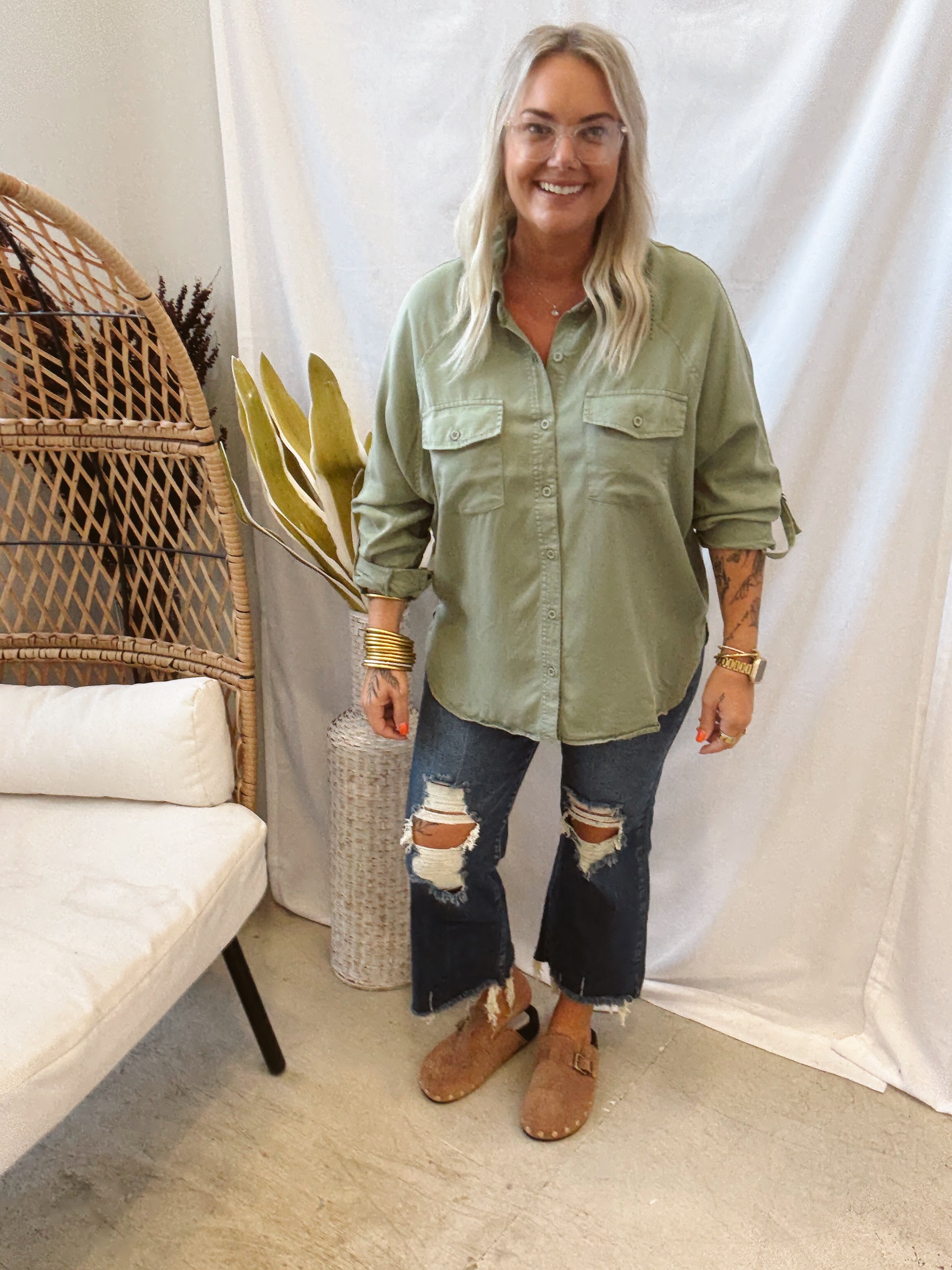 Risen Sage Tencel Shirt-Shackets-risen-The Silo Boutique, Women's Fashion Boutique Located in Warren and Grand Forks North Dakota