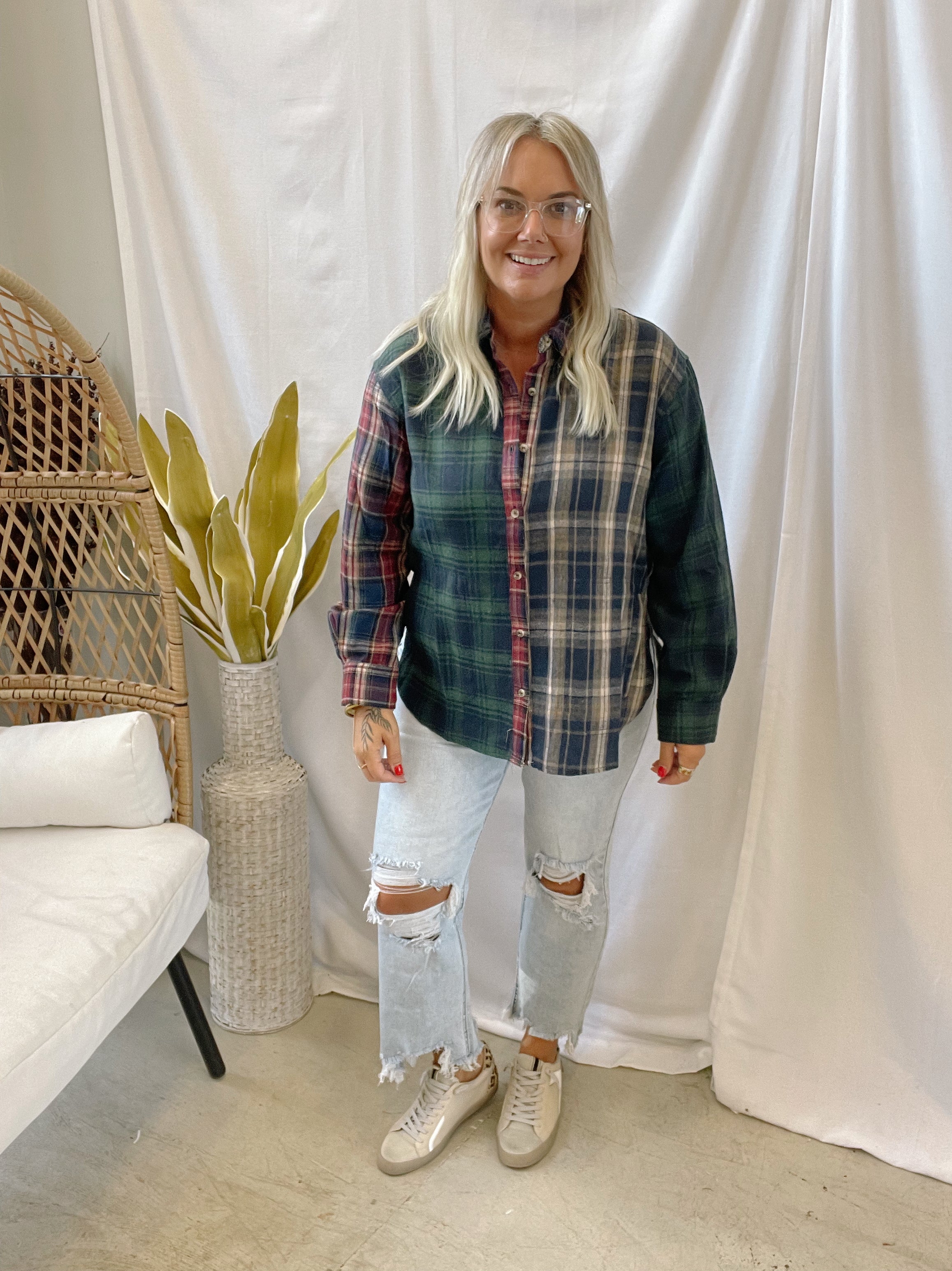 Navy Mix Plaid Flannel Top-Long Sleeve Tops-hem and thread-The Silo Boutique, Women's Fashion Boutique Located in Warren and Grand Forks North Dakota