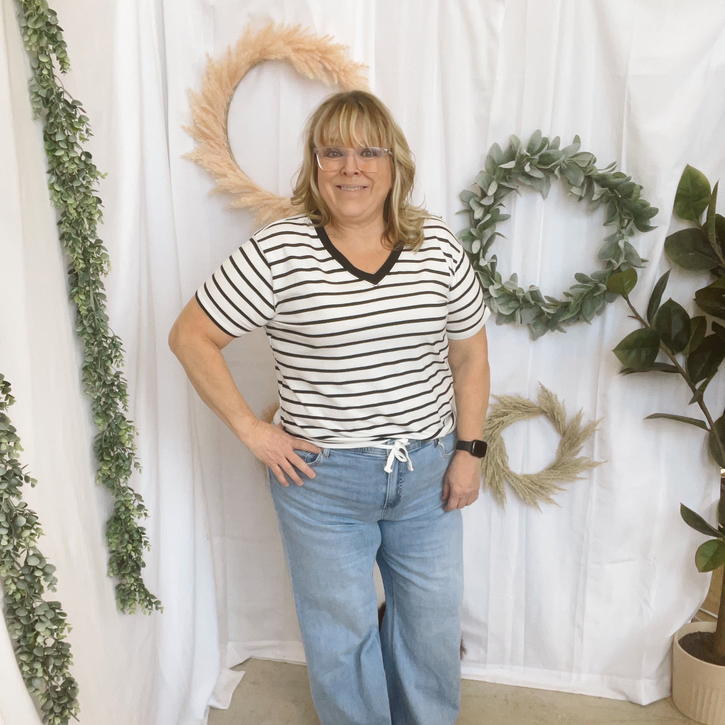Izzy Striped V Neck Top-Black-Short Sleeve Tops-Zenana-The Silo Boutique, Women's Fashion Boutique Located in Warren and Grand Forks North Dakota