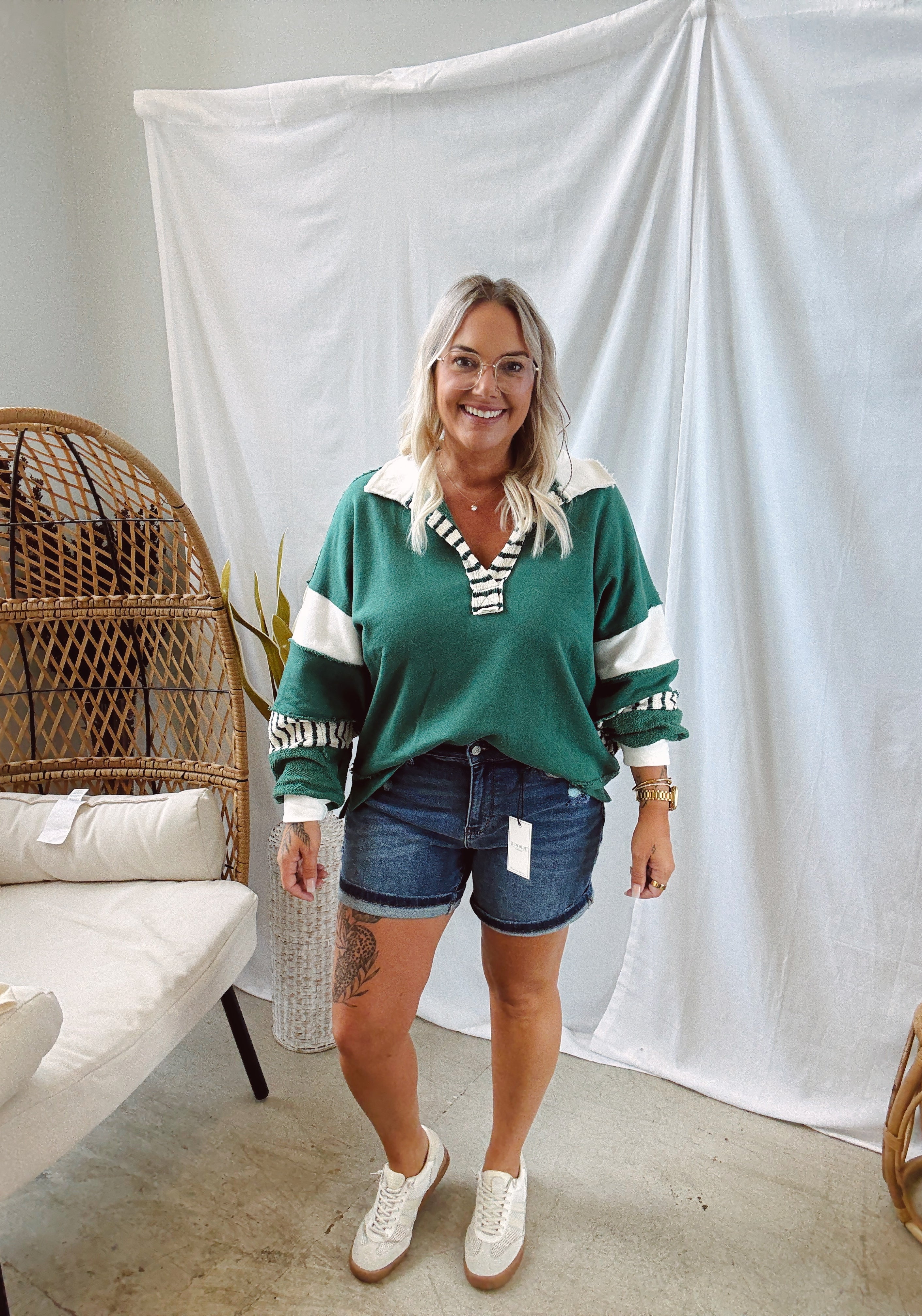 Green Collared Oversized Sweatshirt-Long Sleeve Tops-bucketlist-The Silo Boutique, Women's Fashion Boutique Located in Warren and Grand Forks North Dakota