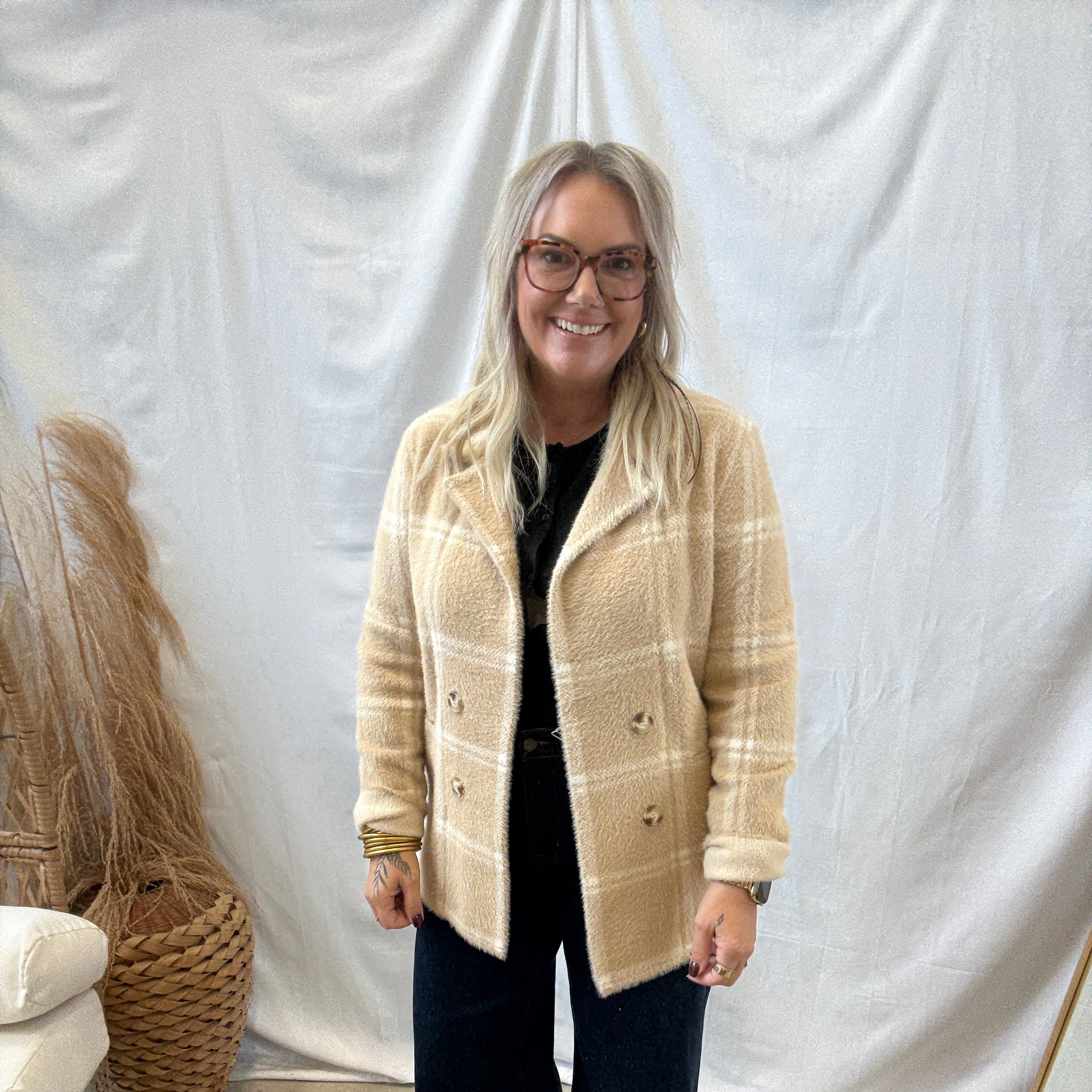 Ivory Plaid Fuzzy Coatigan-Cardigans-be cool-The Silo Boutique, Women's Fashion Boutique Located in Warren and Grand Forks North Dakota