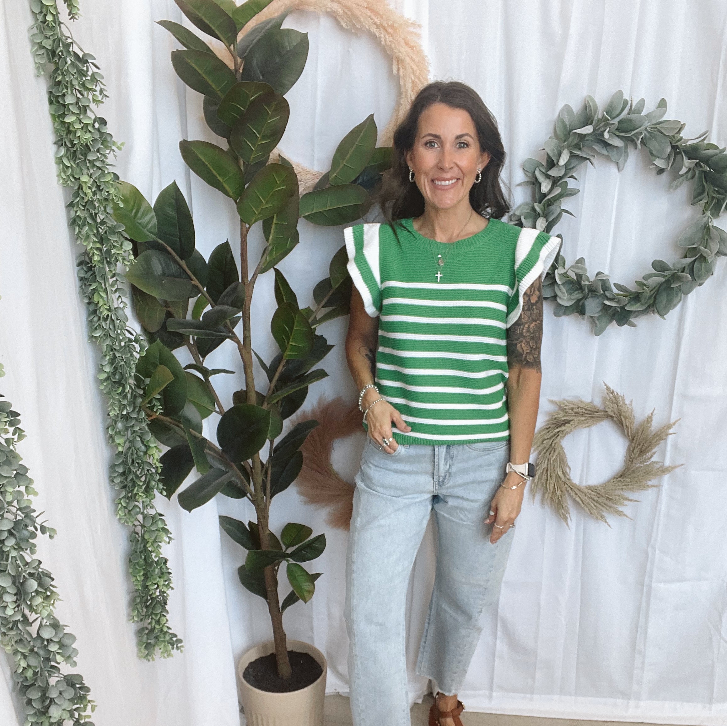 Green Striped Ruffle Short Sleeve Top-Short Sleeve Tops-staccato-The Silo Boutique, Women's Fashion Boutique Located in Warren and Grand Forks North Dakota