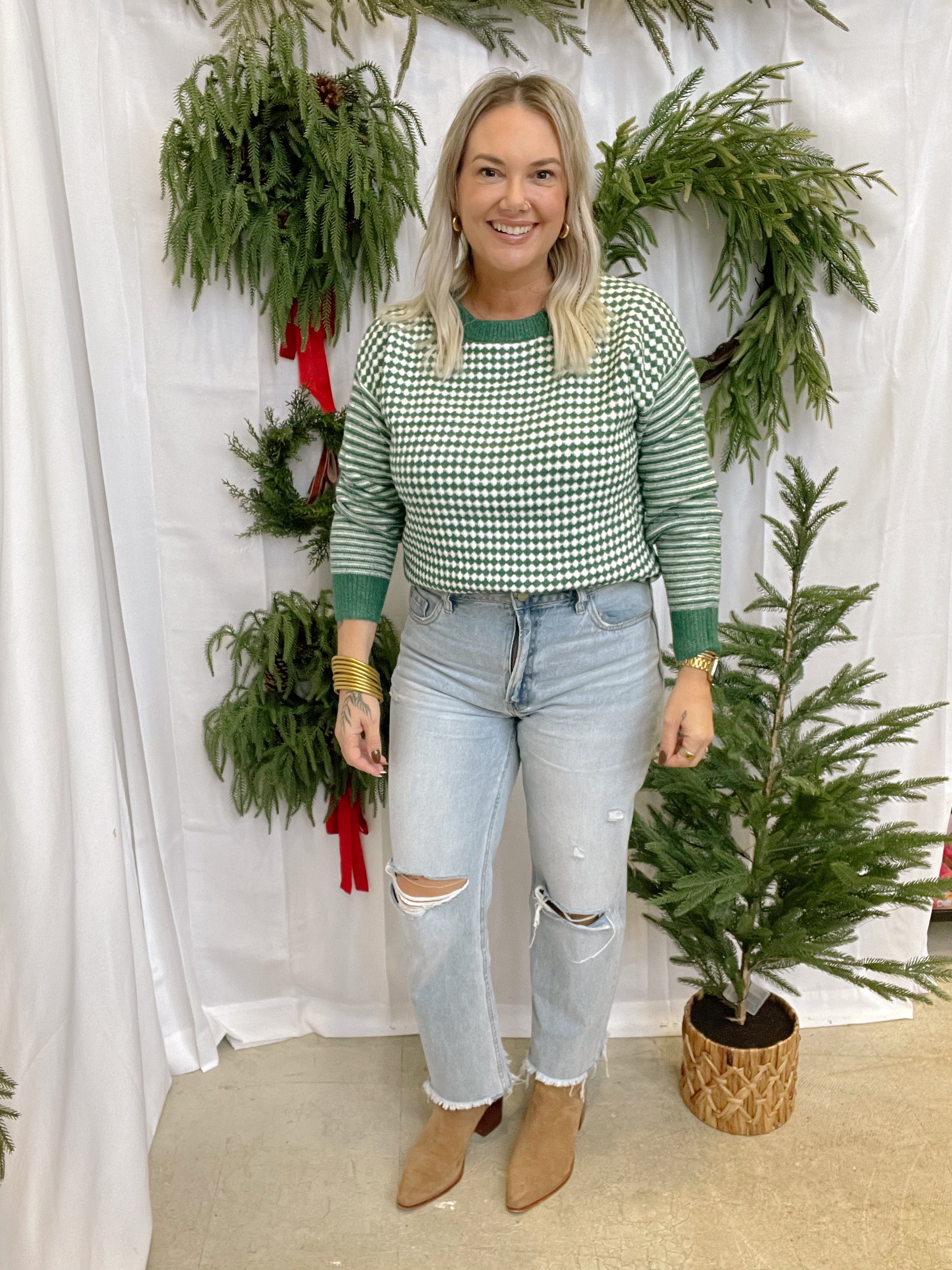 Green Checker Stripe Sweater-Sweaters-stacatto-The Silo Boutique, Women's Fashion Boutique Located in Warren and Grand Forks North Dakota