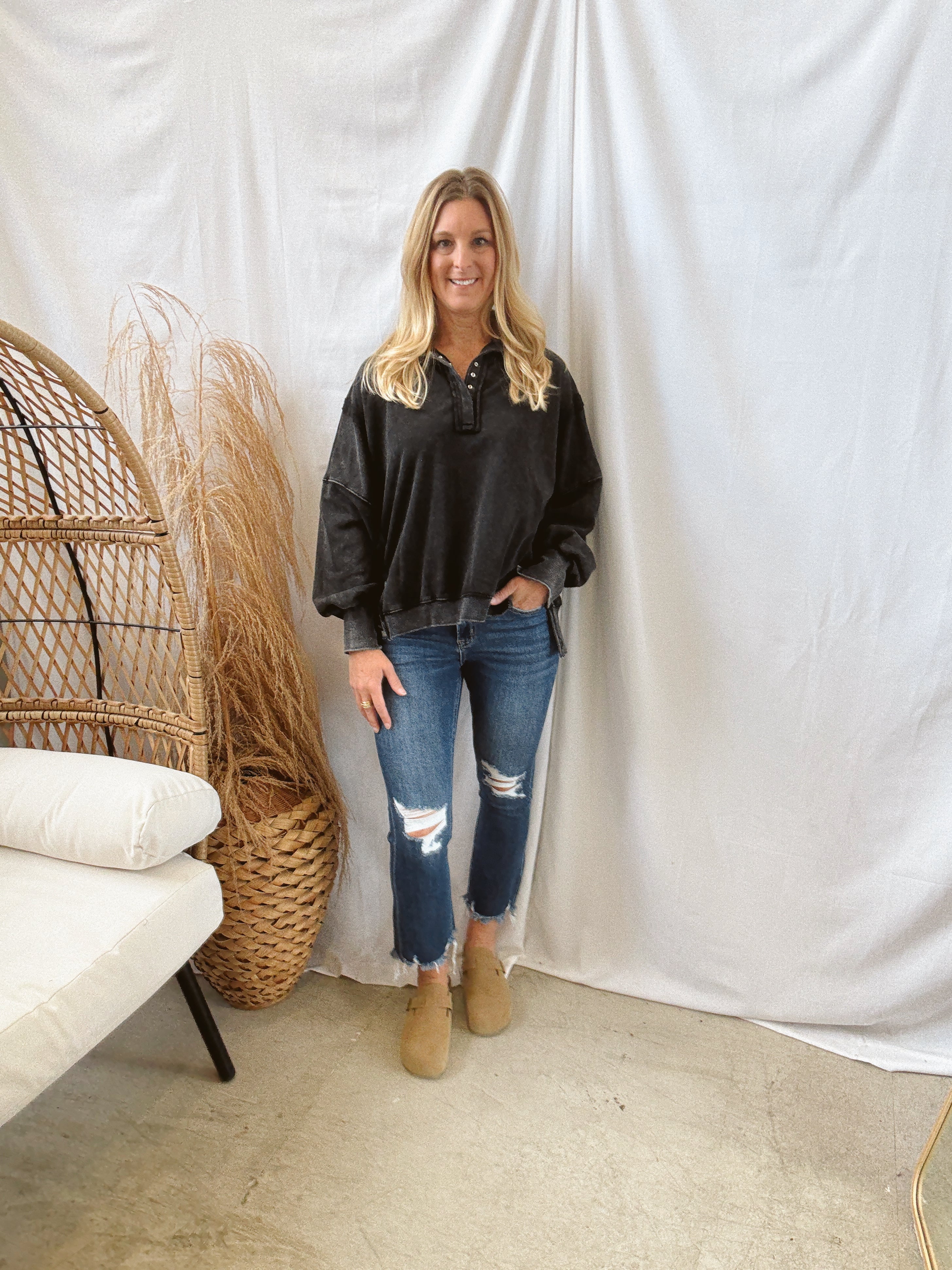 Mineral Wash Quarter Snap Sweatshirt-Black-Sweatshirts-eesome-The Silo Boutique, Women's Fashion Boutique Located in Warren and Grand Forks North Dakota