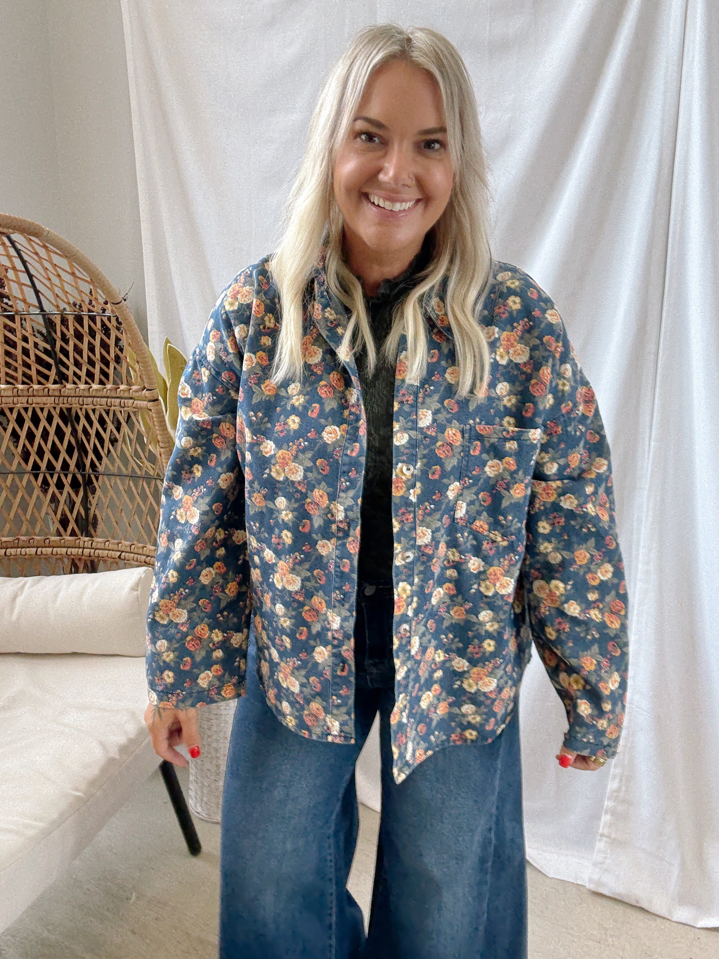 Washed Floral Print Jacket-Coats & Jackets-bibi-The Silo Boutique, Women's Fashion Boutique Located in Warren and Grand Forks North Dakota