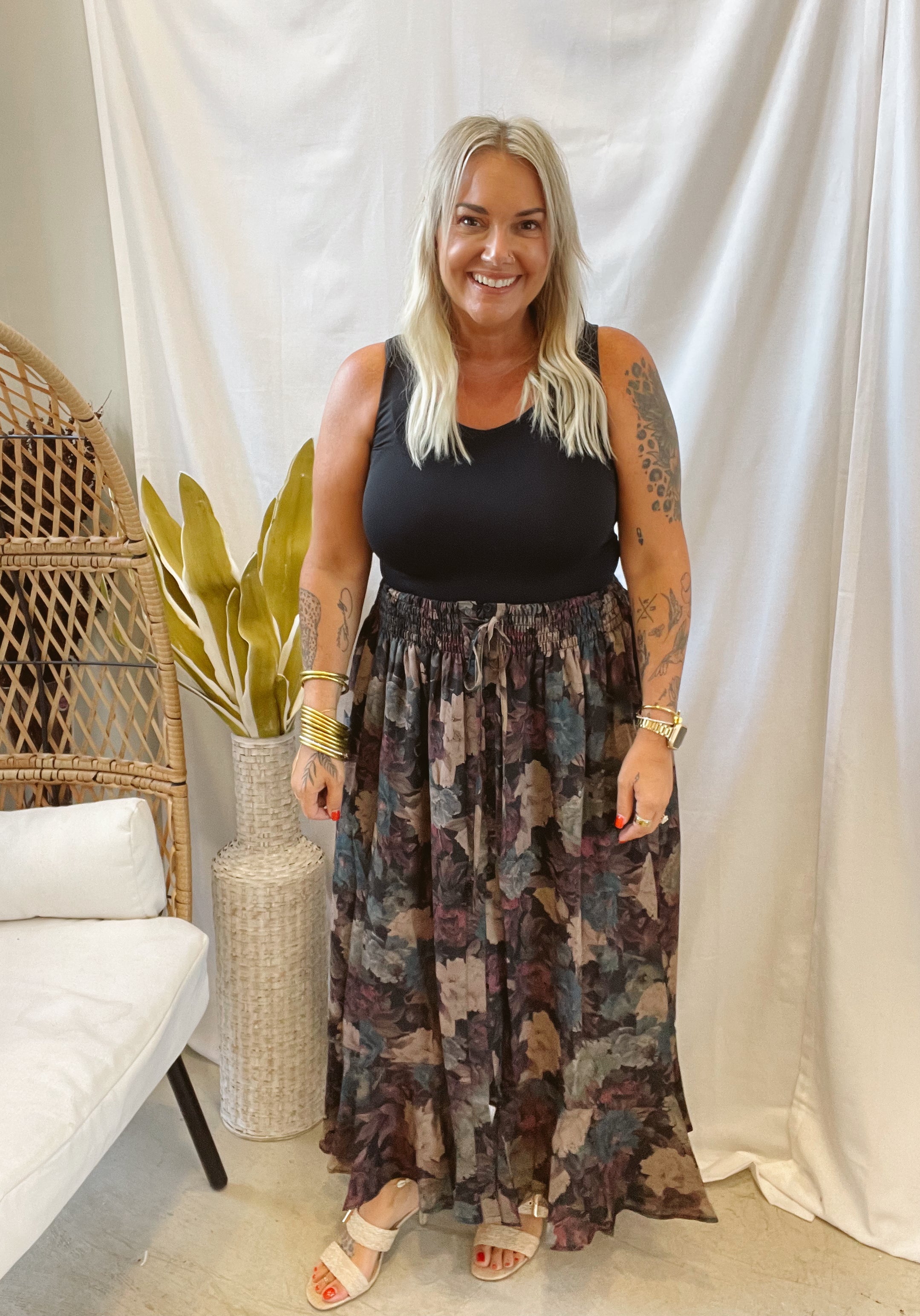 Wine Floral Button Maxi Skirt-Skirts-promesa-The Silo Boutique, Women's Fashion Boutique Located in Warren and Grand Forks North Dakota
