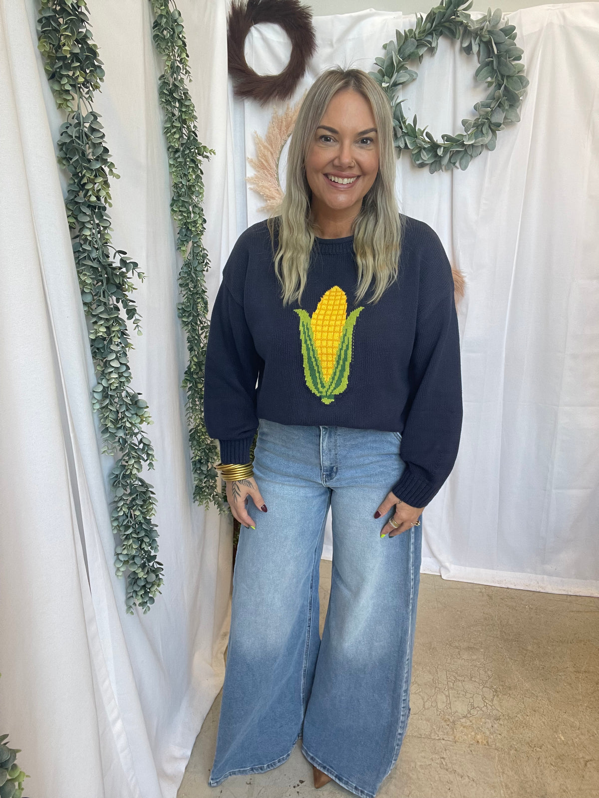Corn Motif Sweater-Navy-Sweaters-twentyfourth-The Silo Boutique, Women's Fashion Boutique Located in Warren and Grand Forks North Dakota
