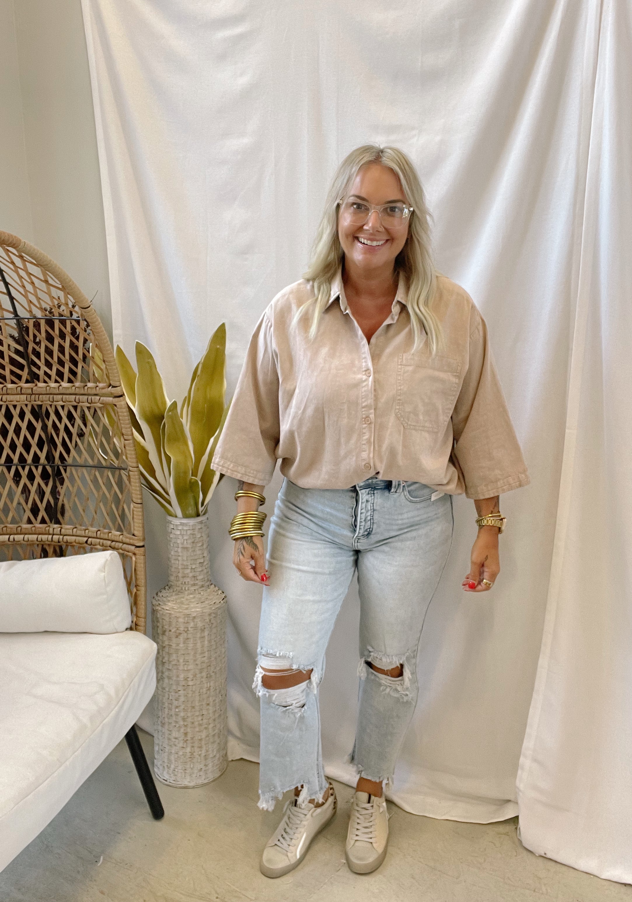 Taupe Button Down Long Sleeve Top-Final Sale-Long Sleeve Tops-hyfve-The Silo Boutique, Women's Fashion Boutique Located in Warren and Grand Forks North Dakota